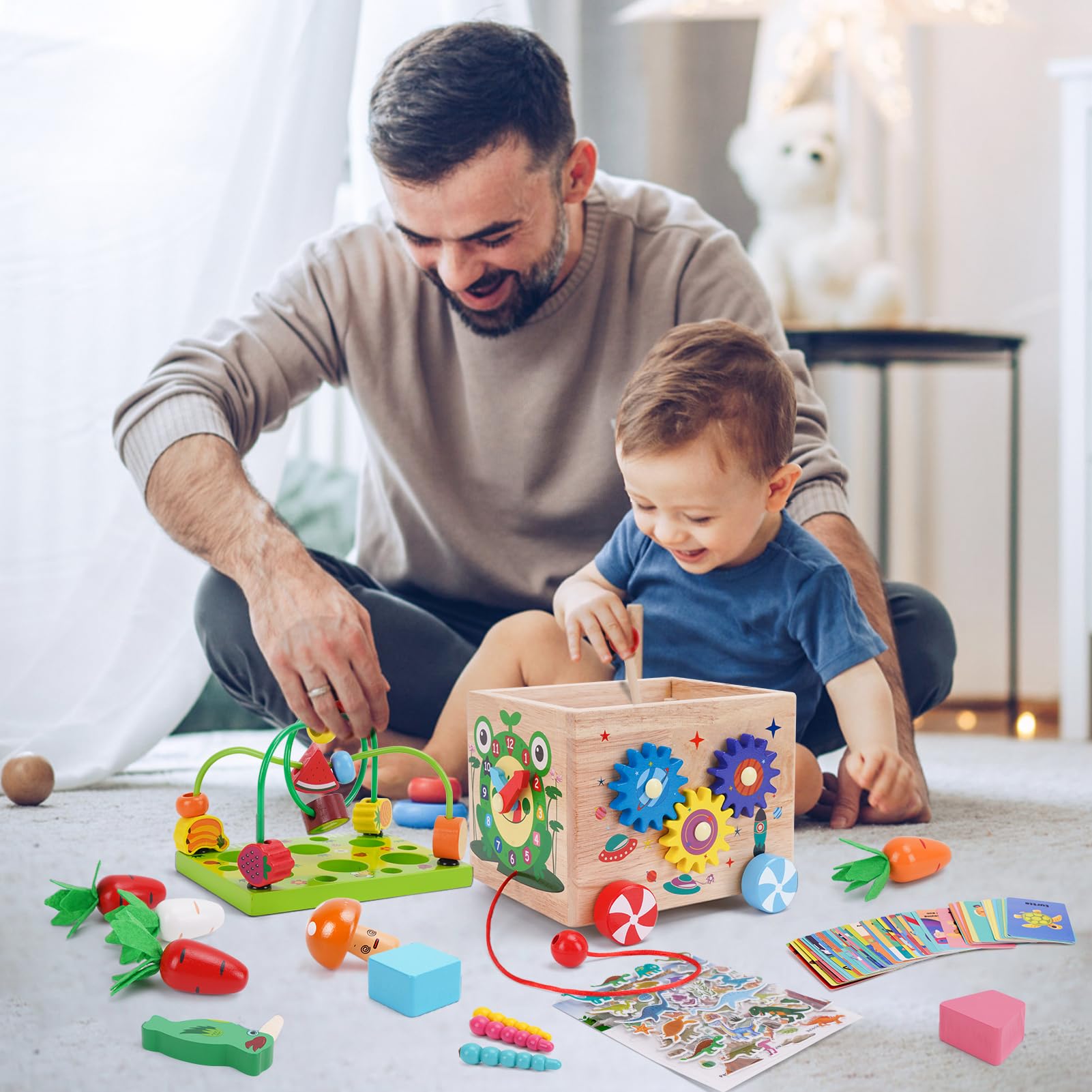 **9-in-1 Wooden Activity Cube – Montessori Baby Toys for Toddlers 18M+ | Educational Learning & Sorting Stacking Toys | Birthday Gifts for Boys & Girls (Bonus Stickers & Animal Cards) – Perfect for Playtime, Daycare & Early Childhood Development**