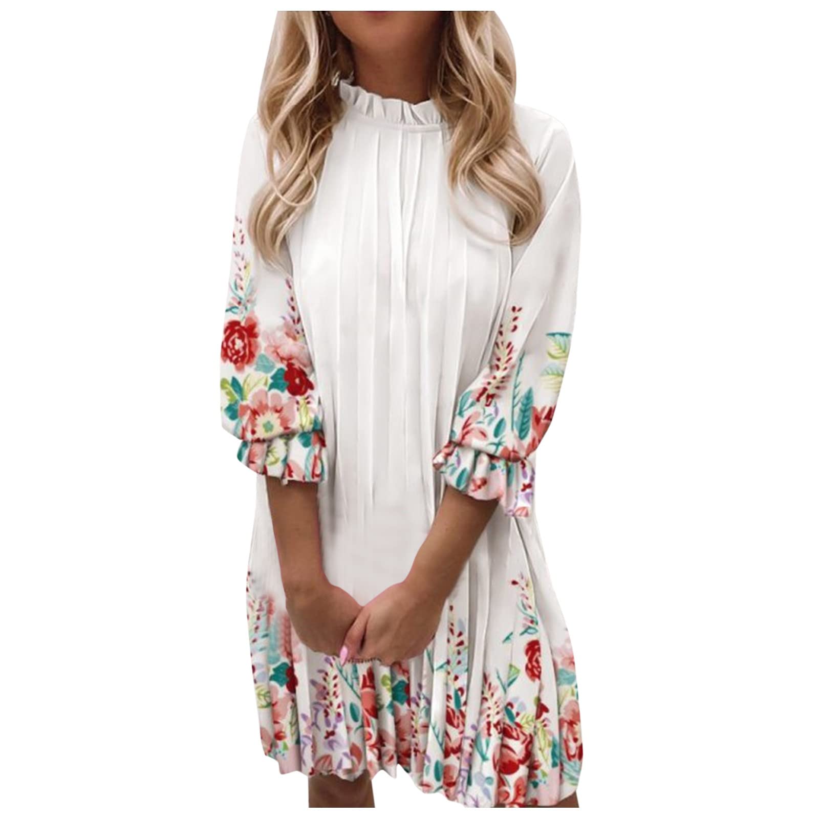 Boho Floral Summer Dress for Women - Long Sleeve Mini Dress with Ruffle Neck, Flowy Loose Fit Casual Beach Dress | Perfect for Vacation, Music Festivals & Summer Outings