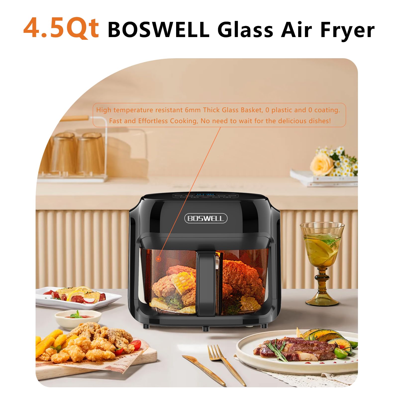 BOSWELL 7.5QT Glass Air Fryer with Transparent Basket - Digital Temperature Control, 360° Rapid Air Circulation, Stainless Steel Design - Dishwasher Safe for Easy Cleaning - Perfect for Family Dinners, Healthy Snacks & Crispy Fried Foods (Black)