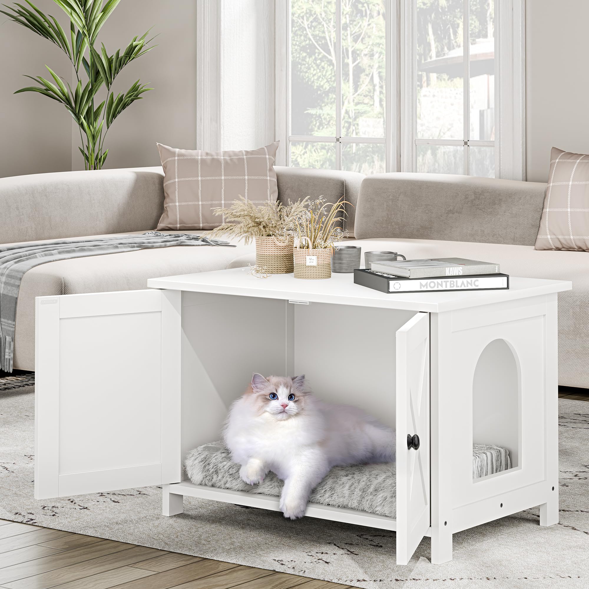 Wooden Cat Litter Box Enclosure with Barn Door - Hidden Litter Box Furniture for Cats, White - Fits Most Litter Boxes | Perfect for Home, Apartment & Pet-Friendly Spaces