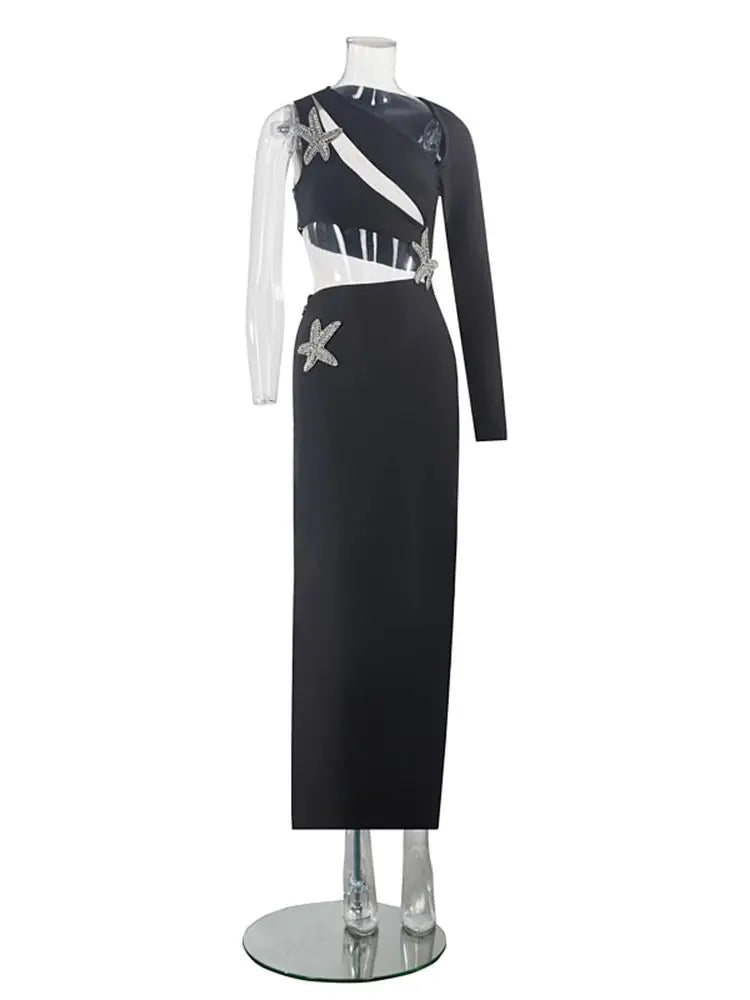 Sexy Hollow-Out Diamond Starfish Long Sleeve Bandage Dress for Women - Elegant Black Bodycon Party Dress for Celebrity Events, Night Out, Clubwear and Special Occasions