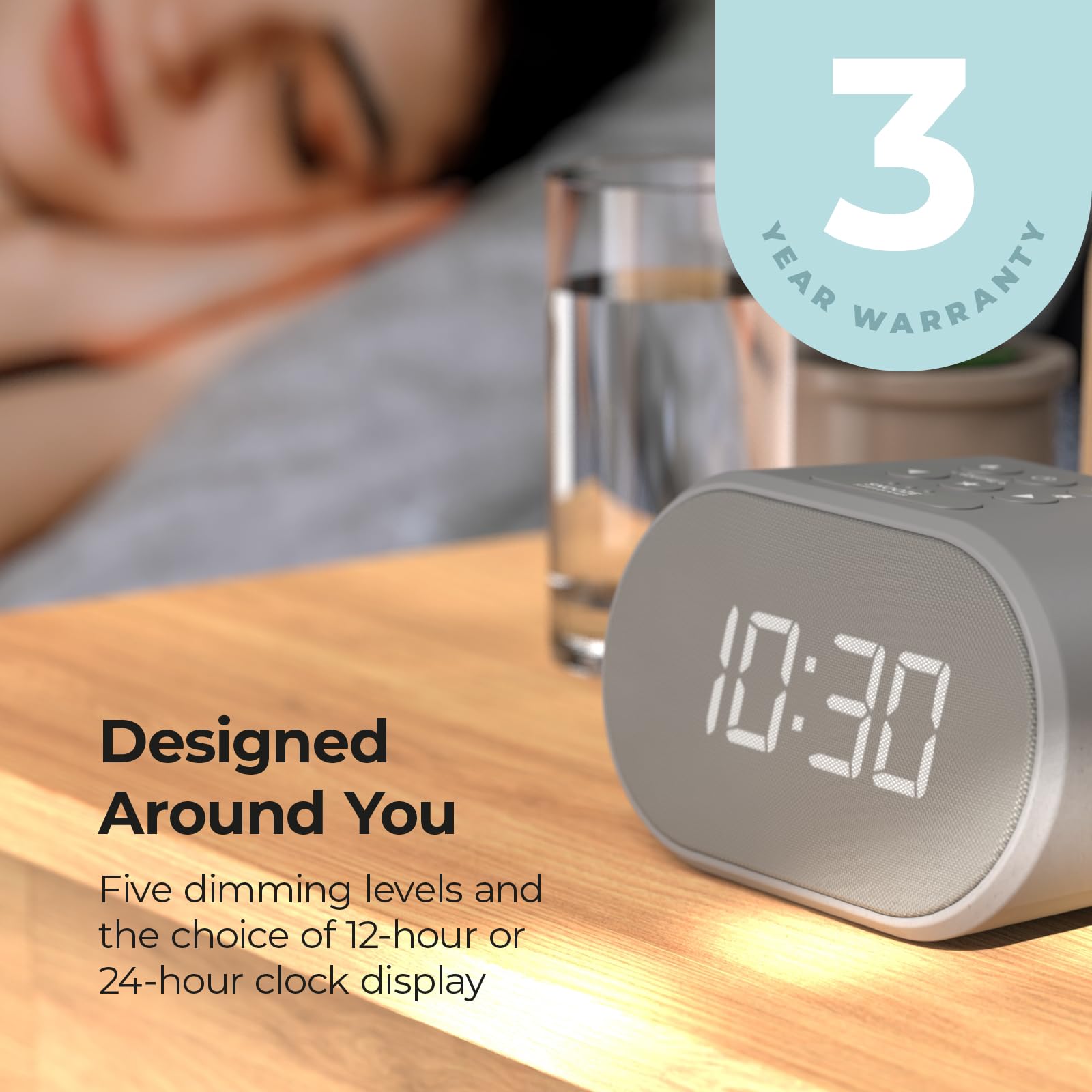 i-Box Alarm Clock with FM Radio, USB Charging Port & Dimmable LED Display - Battery or Mains Powered, Silent Non-Ticking Design for Bedroom, Office, Travel & Nightstand Use (Grey)