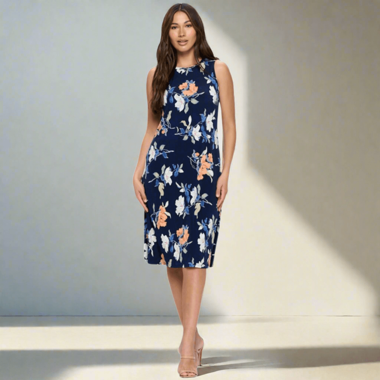 Navy Floral Sleeveless Jersey Dress - Made in USA - Women's Summer Casual Dress for Beach, Party & Vacation