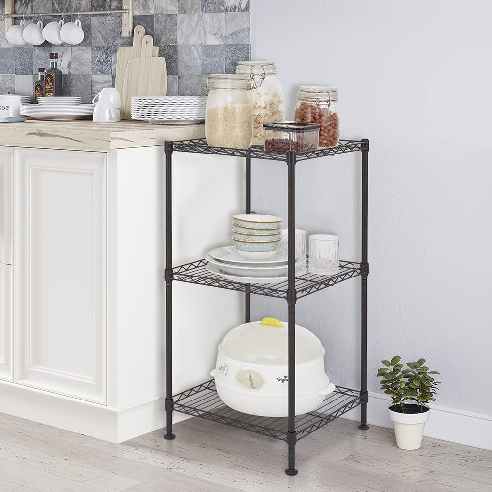 3-Tier Adjustable Height Wire Shelving Unit - Heavy Duty Metal Storage Rack for Garage, Kitchen, Pantry & Closet Organization - 13.78
