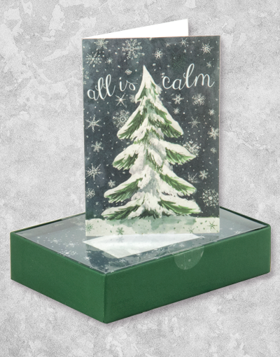 All Is Calm Christmas Tree Greeting Cards - Box of 16 Holiday Cards with Envelopes for Festive Season Greetings, Office Parties & Family Correspondence