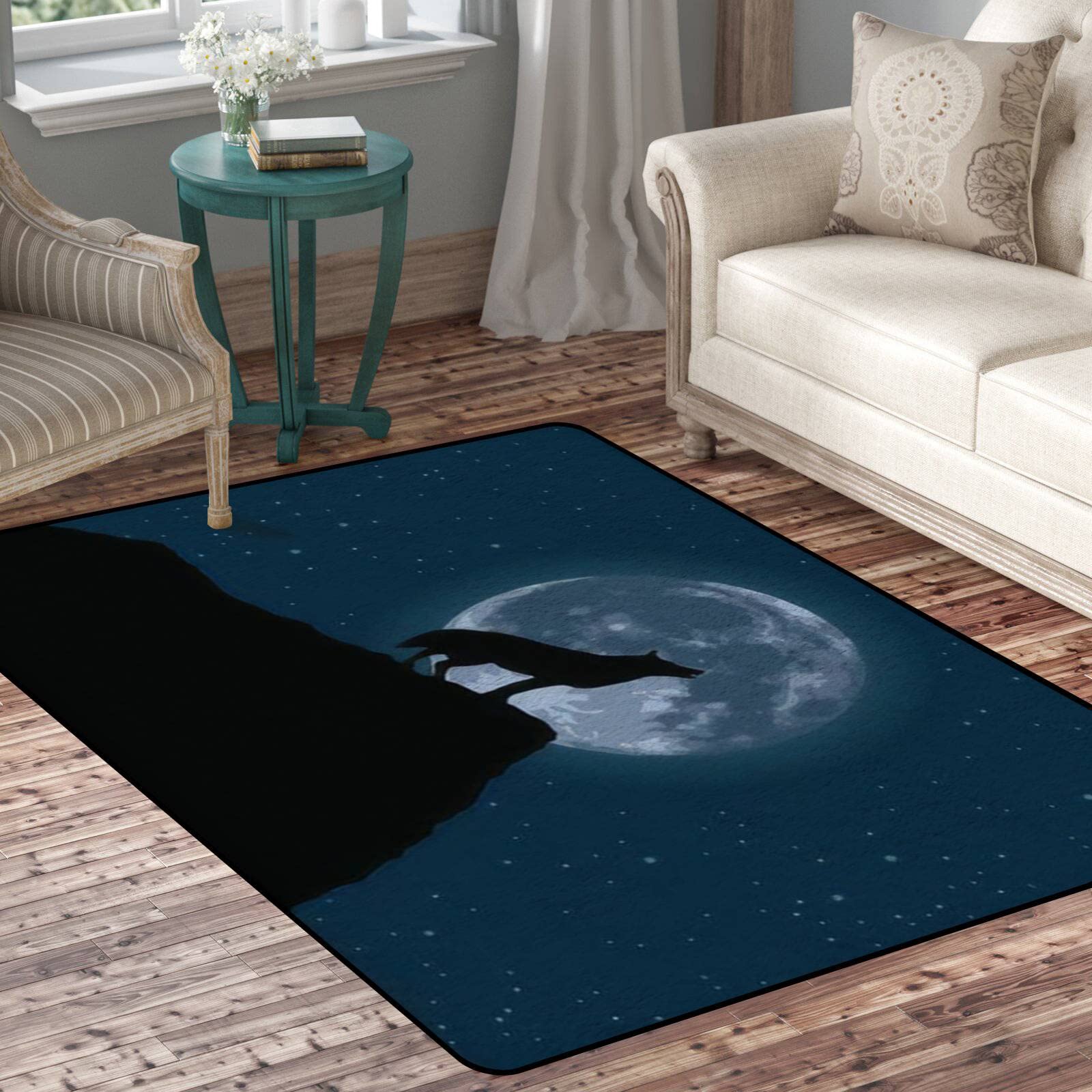 Wolf Howling at Full Moon Area Rug - Non-Slip Soft Fluffy Shaggy Carpet for Living Room, Nursery, Yoga - Indoor/Outdoor Throw Rugs & Doormats - Perfect for Home Decor, Pet Play Area, and Cozy Floor Mats