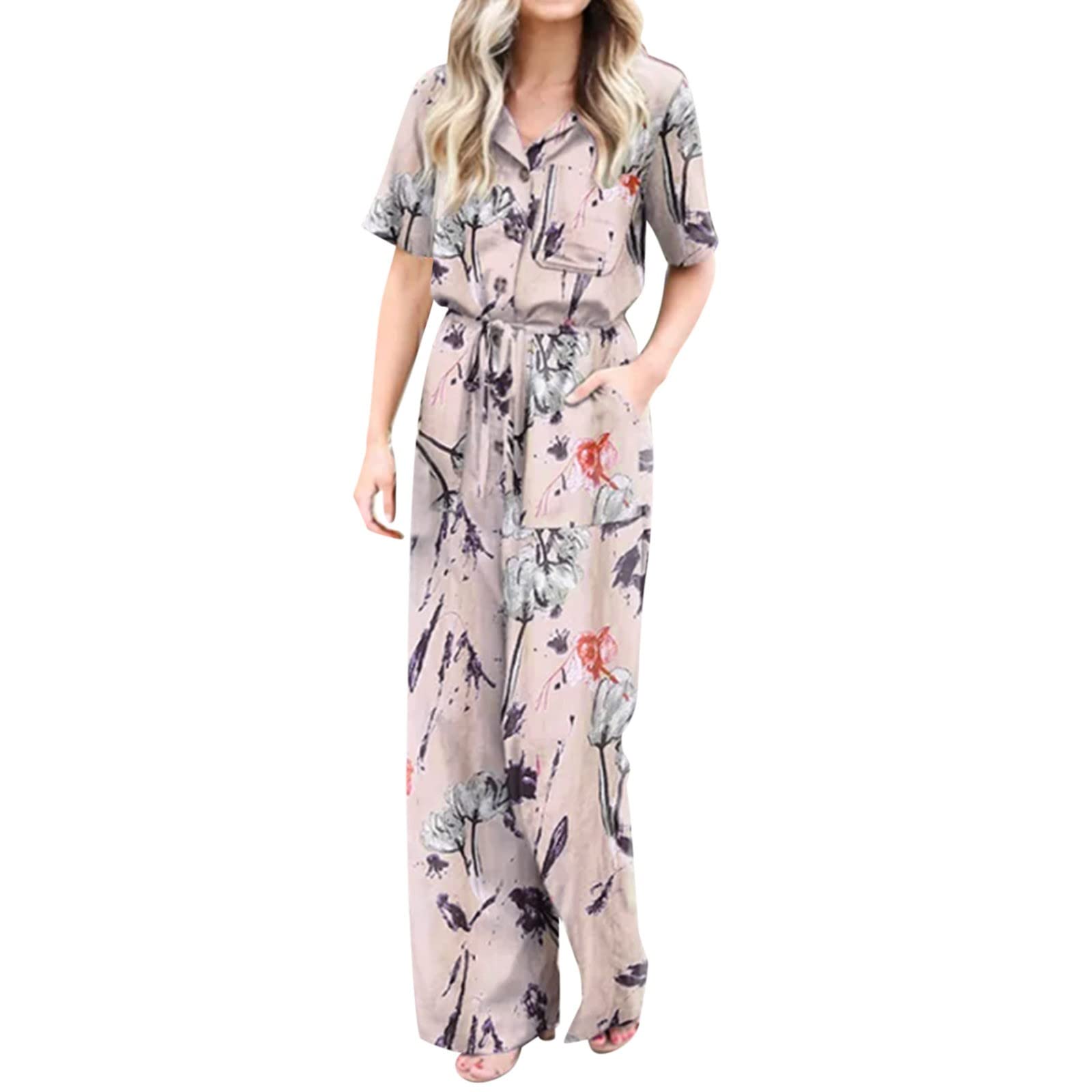**XINSHIDE Women's Floral Print Jumpsuit - Short Sleeve, Turn Down Collar, Wide Leg Long Pants Romper with Pockets - Perfect for Beach, Vacation & Summer Outfits**