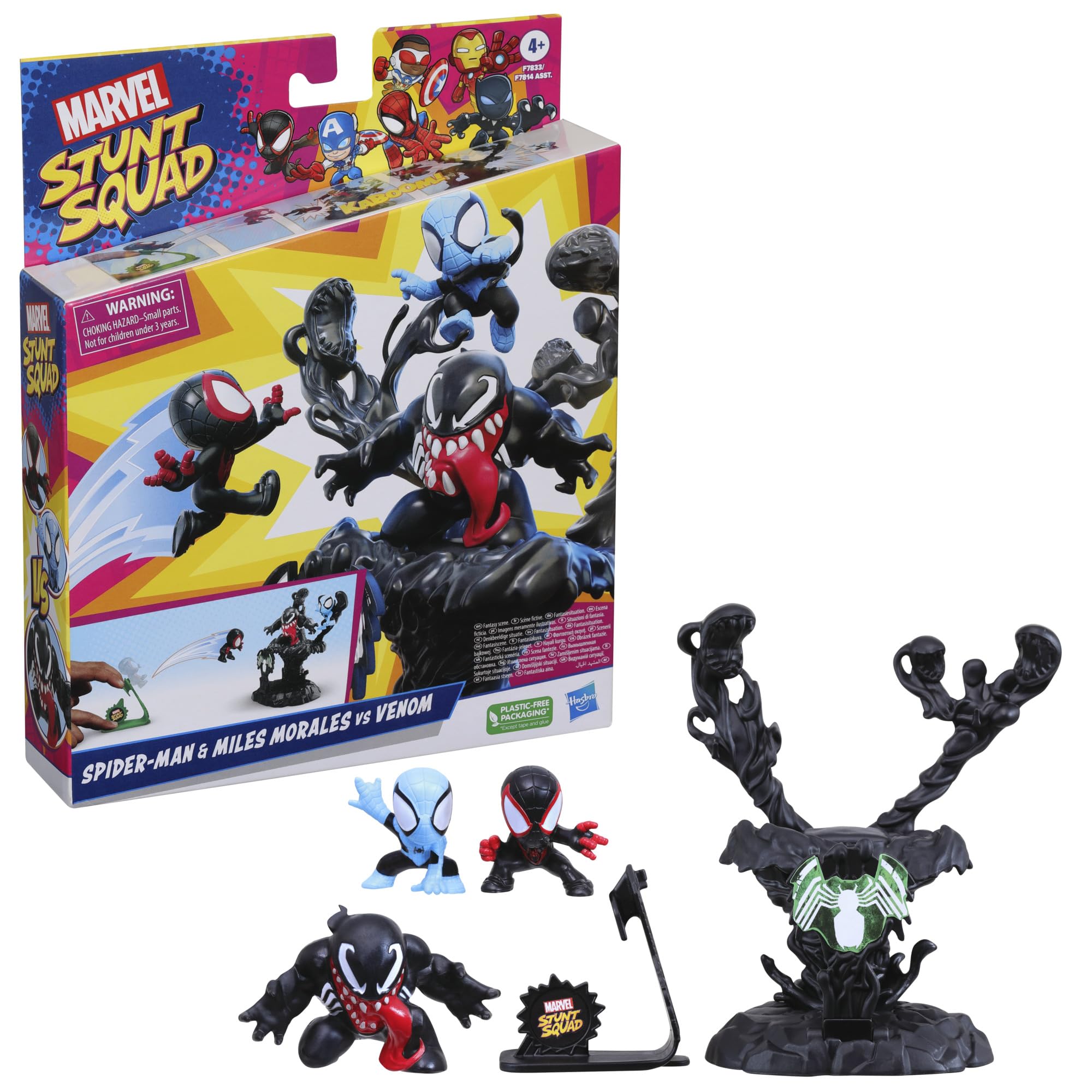 Marvel Stunt Squad Villain Knockdown Playset - Spider-Man & Miles Morales vs. Venom Action Figures (1.5 Inch) | Superhero Toys for Kids Ages 4+ | Perfect for Role Play, Birthday Gifts & Collectible Displays