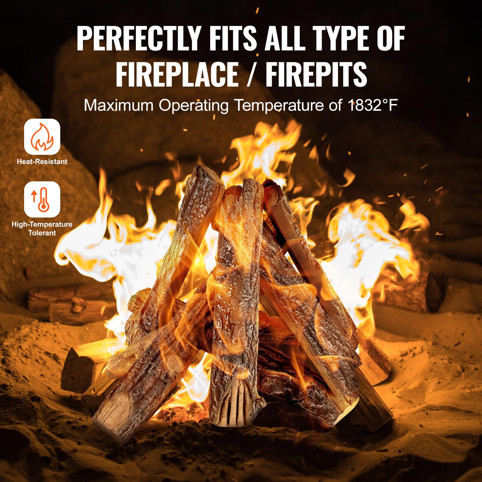 VEVOR 8-Piece Realistic Oak Gas Fireplace Logs Set - Heat-Resistant Ceramic Wood Logs for Indoor & Outdoor Fire Pits, Fire Bowls, and Fireplaces - Stackable Natural-Looking Wooden Branches for Cozy Ambiance