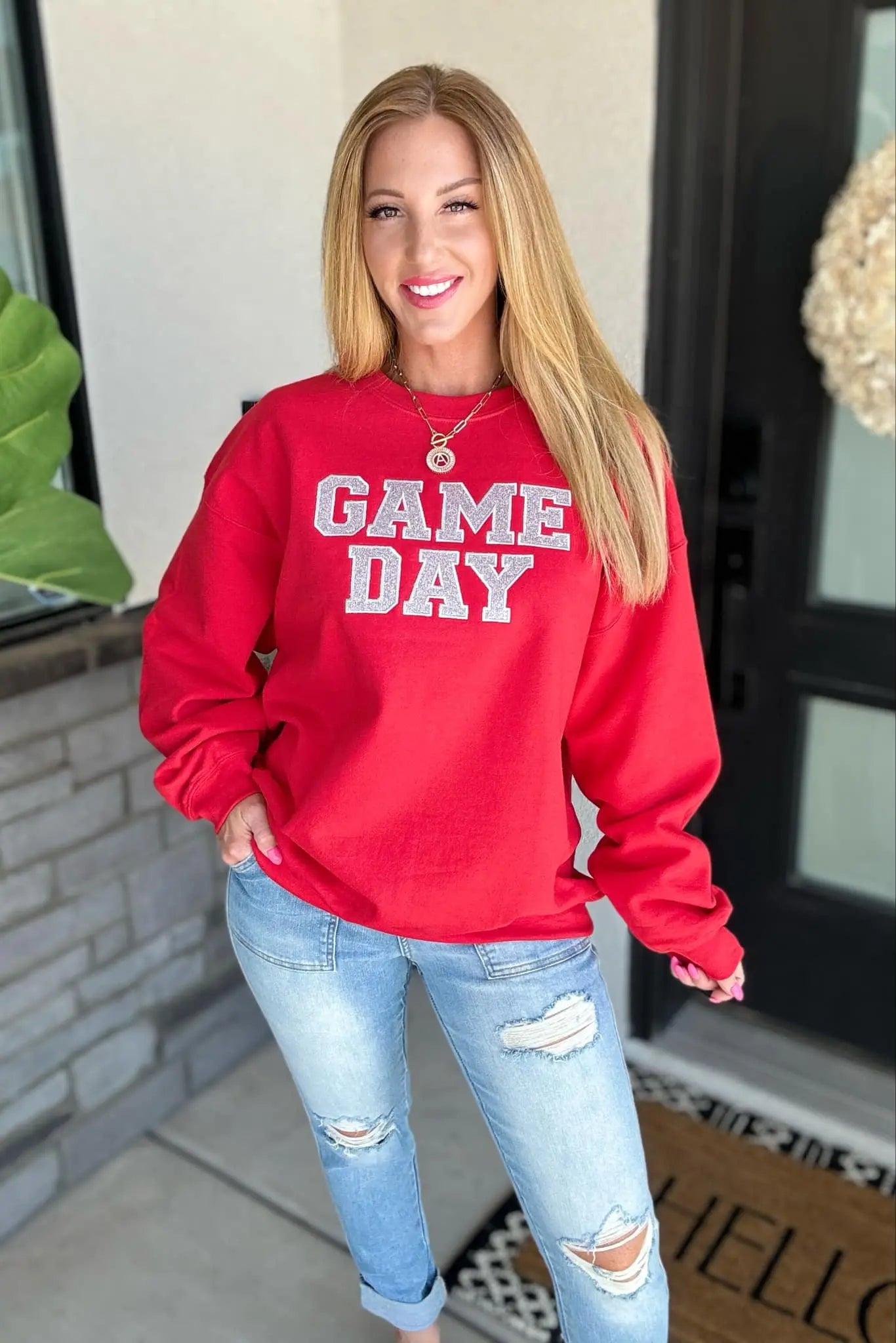 PREORDER: Embroidered Glitter Game Day Sweatshirt - Red & Silver | Perfect for Football Tailgates, College Parties & Sports Fan Apparel