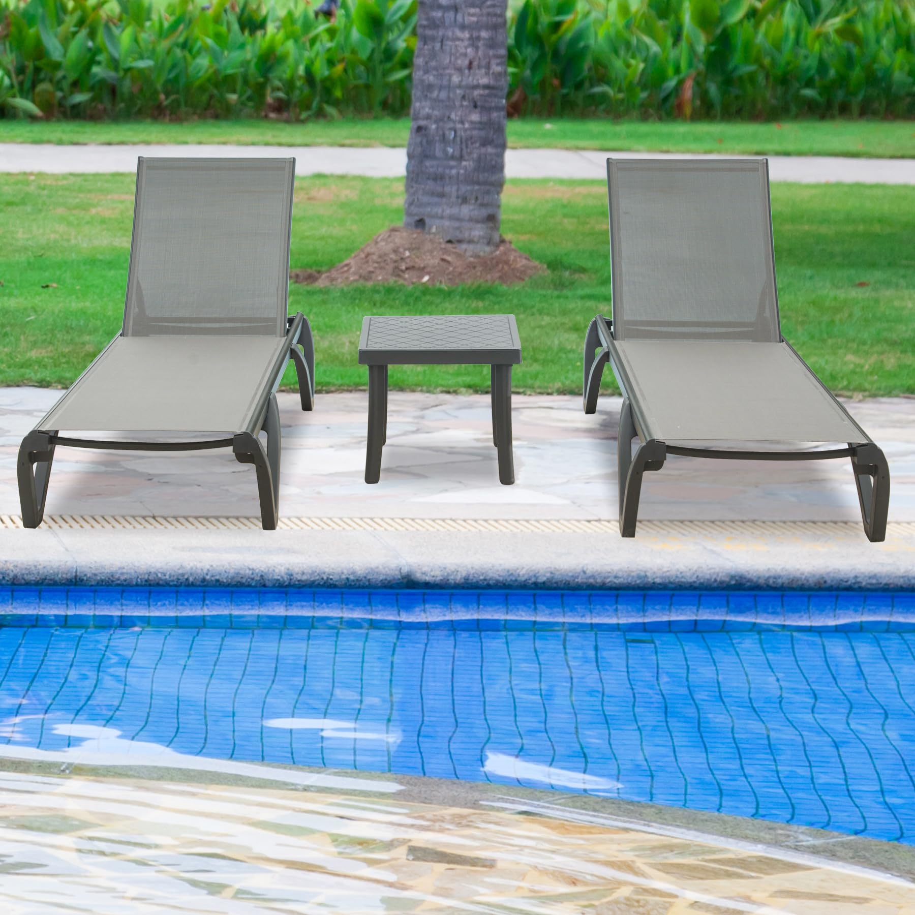 3-Piece Outdoor Chaise Lounge Set with Adjustable Recliner - Aluminum Patio Lounge Chairs for Tanning, Includes Side Table - Perfect for Poolside, Beach, Backyard & Garden Relaxation (Gray)