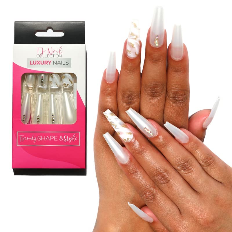 24-Piece Long Press-On Nails Kit for Women - Acrylic Fake Nails with Glue, Stickers, Nail File & Cuticle Stick (Ivory Gold) | Perfect for Parties, Weddings & Everyday Glam