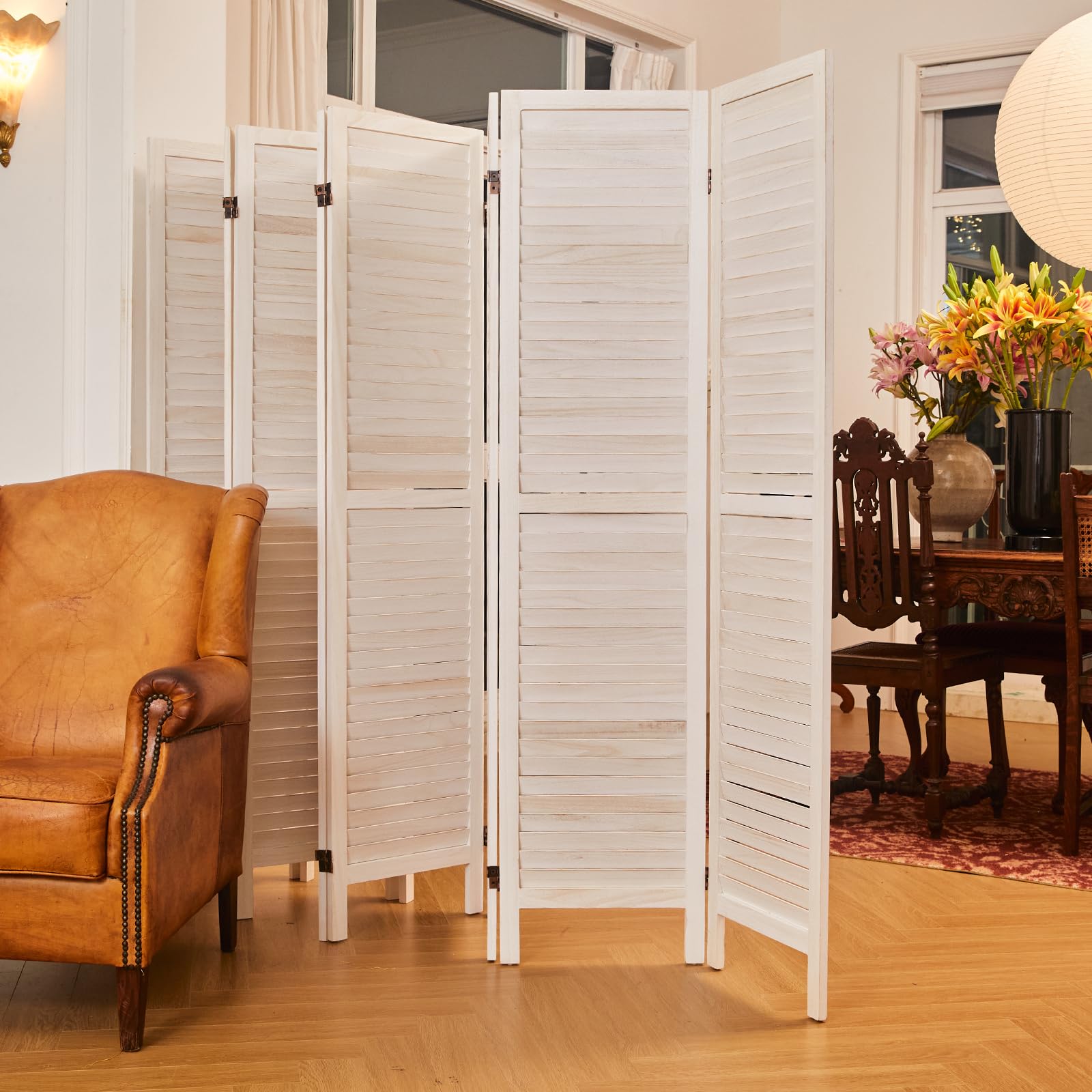 Wooden Room Dividers & Folding Privacy Screens - 8 Panel Louvered Partition Wall for Home Office, Bedroom, Studio - White Washed Finish for Modern Décor & Space Separation