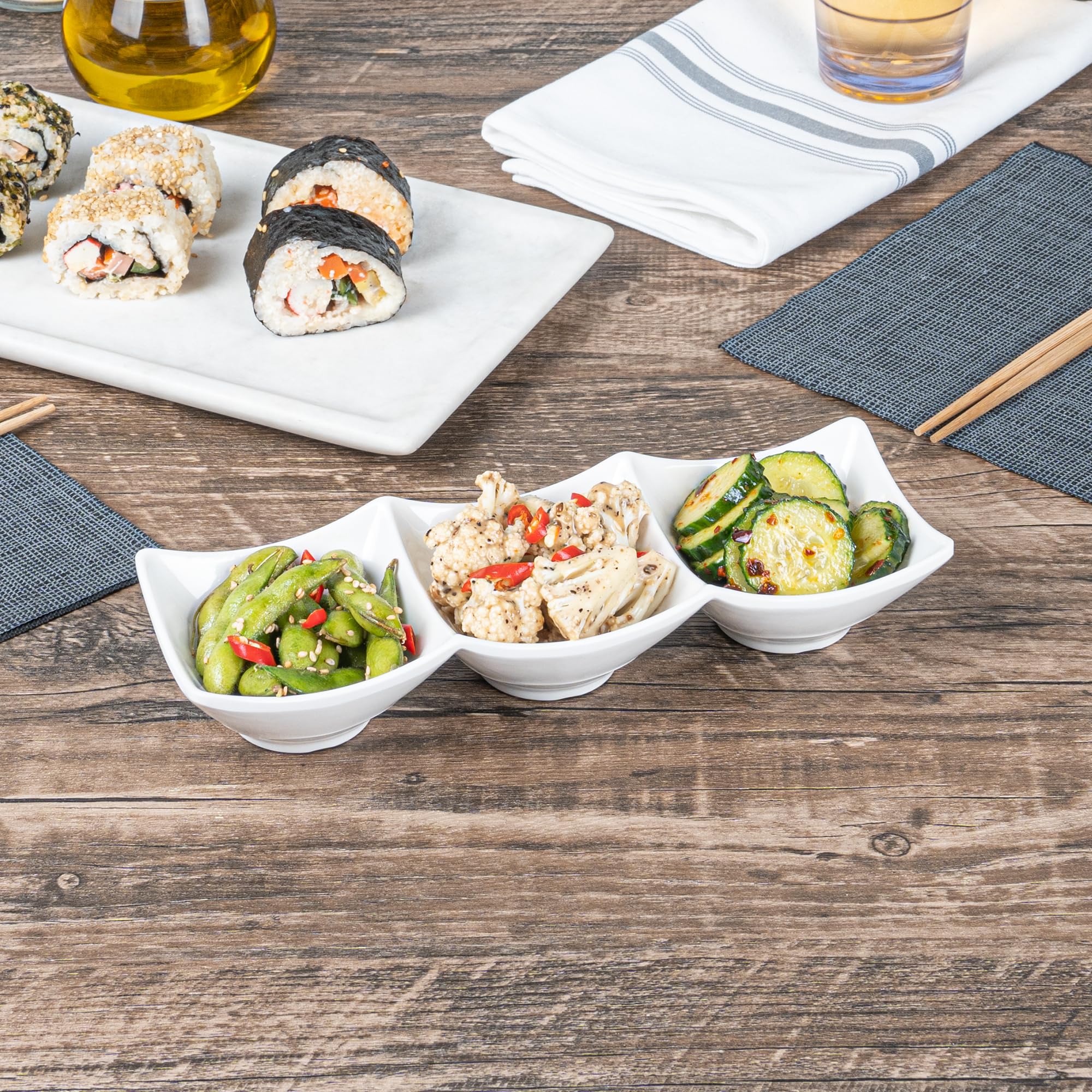 Voga 8.5 oz Square Melamine Serving Dishes - 3 Compartment Appetizer Plates for Dips, Snacks & Condiments | Durable Restaurantware for Catering, Parties & Home Entertaining
