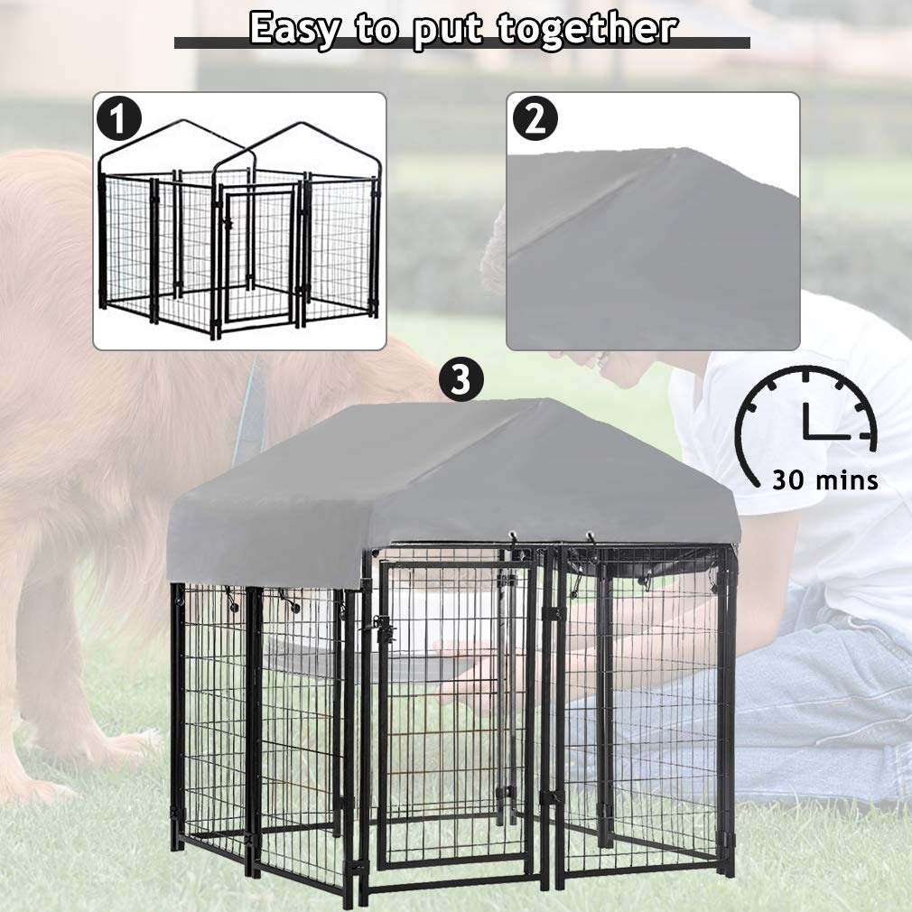 Heavy Duty Galvanized Metal Dog Crate & Outdoor Kennel - Large Welded Wire Dog Playpen with UV Protection Waterproof Cover & Roof - Durable Pet Exercise Pen for Large Dogs (Black) - Perfect for Backyard, Travel, Training & Outdoor Adventures
