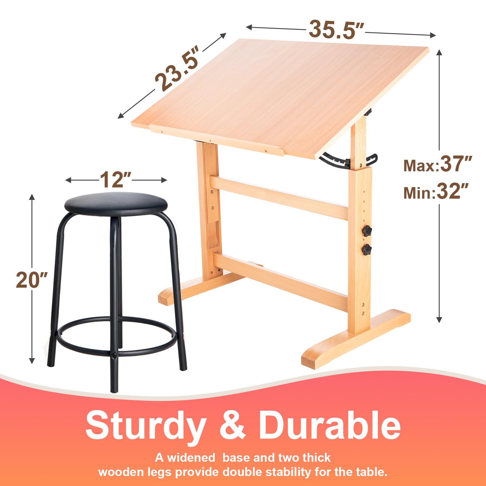 Adjustable Wooden Drafting Table & Stool Set - 23.5