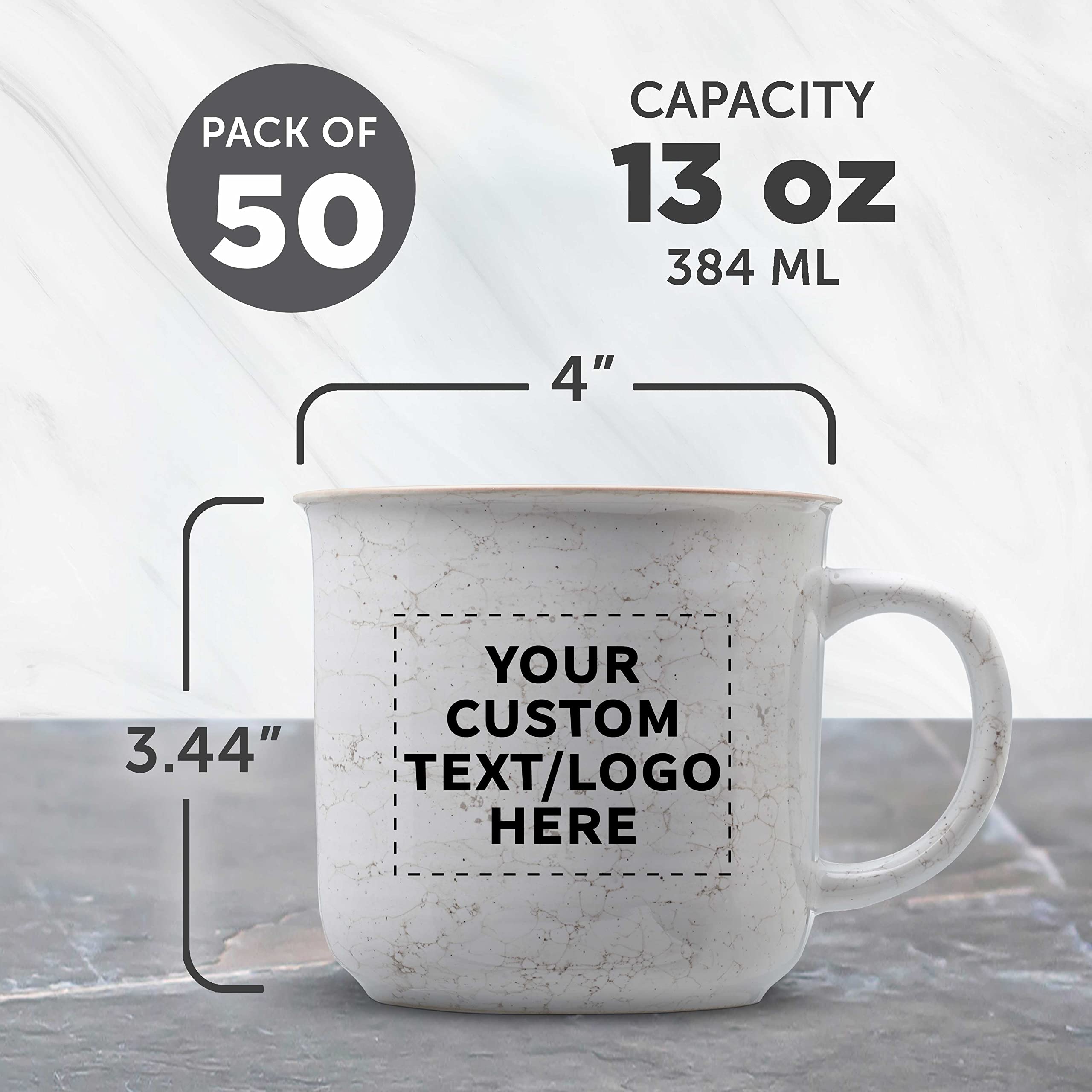 Custom Marble Campfire Coffee Mugs 13 oz (Set of 50) - Bulk Personalized Ceramic Mugs for Coffee, Tea, Espresso & Hot Cocoa - White - Perfect for Camping, Picnics & Outdoor Gatherings