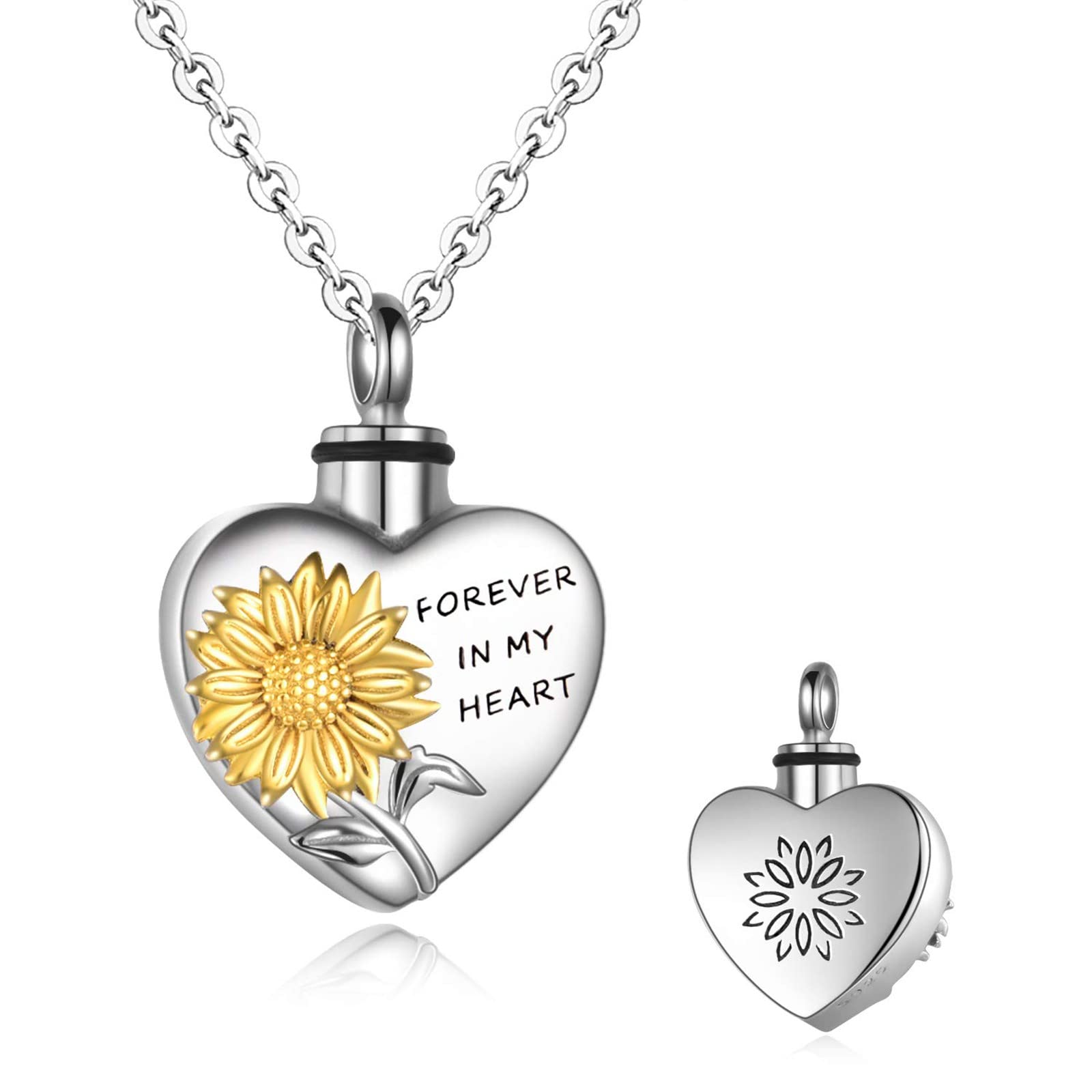 2 Initial Necklaces for Women - Sunflower Memorial Jewelry for Ashes - Personalized Keepsake Pendant for Loved Ones & Pets (Silver, 2.1x1.5cm) - Perfect Sympathy Gift for Loss of Mother, Father, or Dog