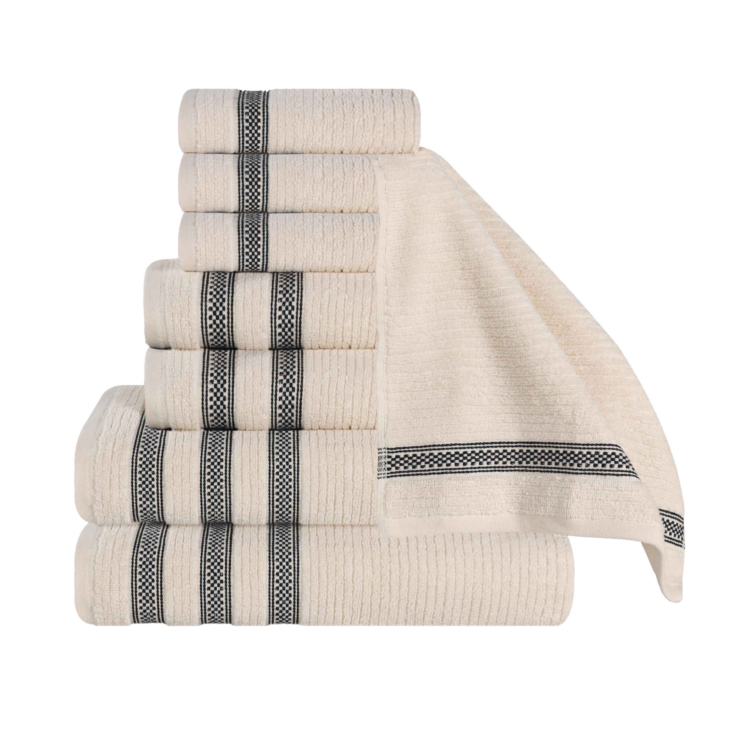 Premium Zero Twist Cotton Ribbed Geometric Border 8-Piece Towel Set | Ultra Soft Bath & Beach Towels for Spa, Pool & Home Decor