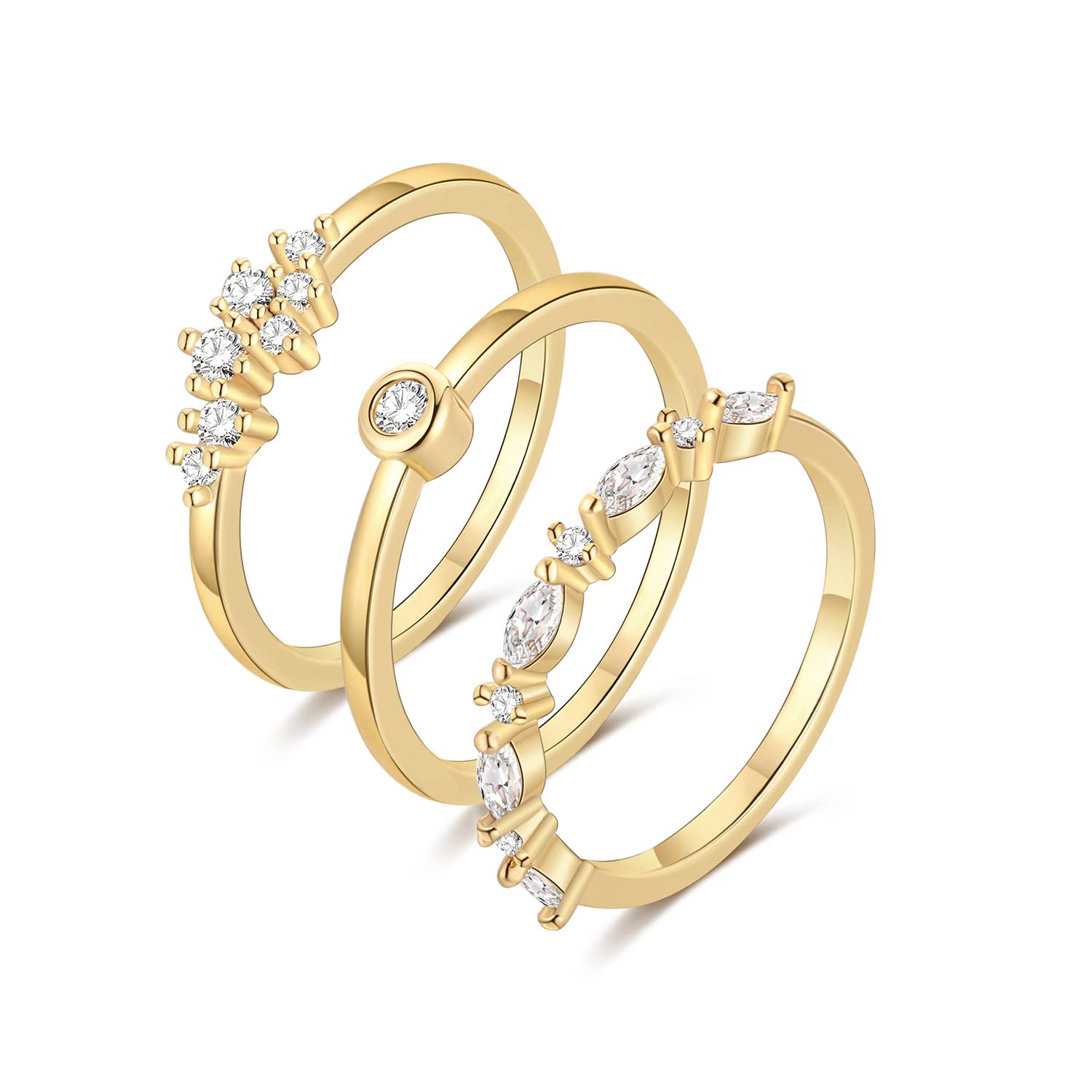 TOBENY 14K Gold Stackable Rings for Women - 3 Piece Set, Plain Band & Cubic Zirconia Statement Rings, Size 4-10, Perfect for Everyday Wear, Stacking, Weddings & Special Occasions