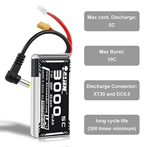 Crazepony 3000mAh 2S 7.4V LiPo Battery with XT30/DC5.5 Plug for Fatshark FPV Goggles, DJI HD Digital Goggles, Skyzone 03O Goggles - Perfect for RC Drones, FPV Racing, and Wireless Video Transmission