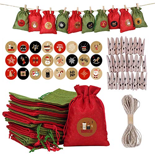 24-Piece Christmas Countdown Calendar Bags with Wooden Clips - Burlap Advent Calendar Garland for Candy & Gifts - Holiday Xmas Party Decor for Home, Office, Tree & Fireplace Mantel