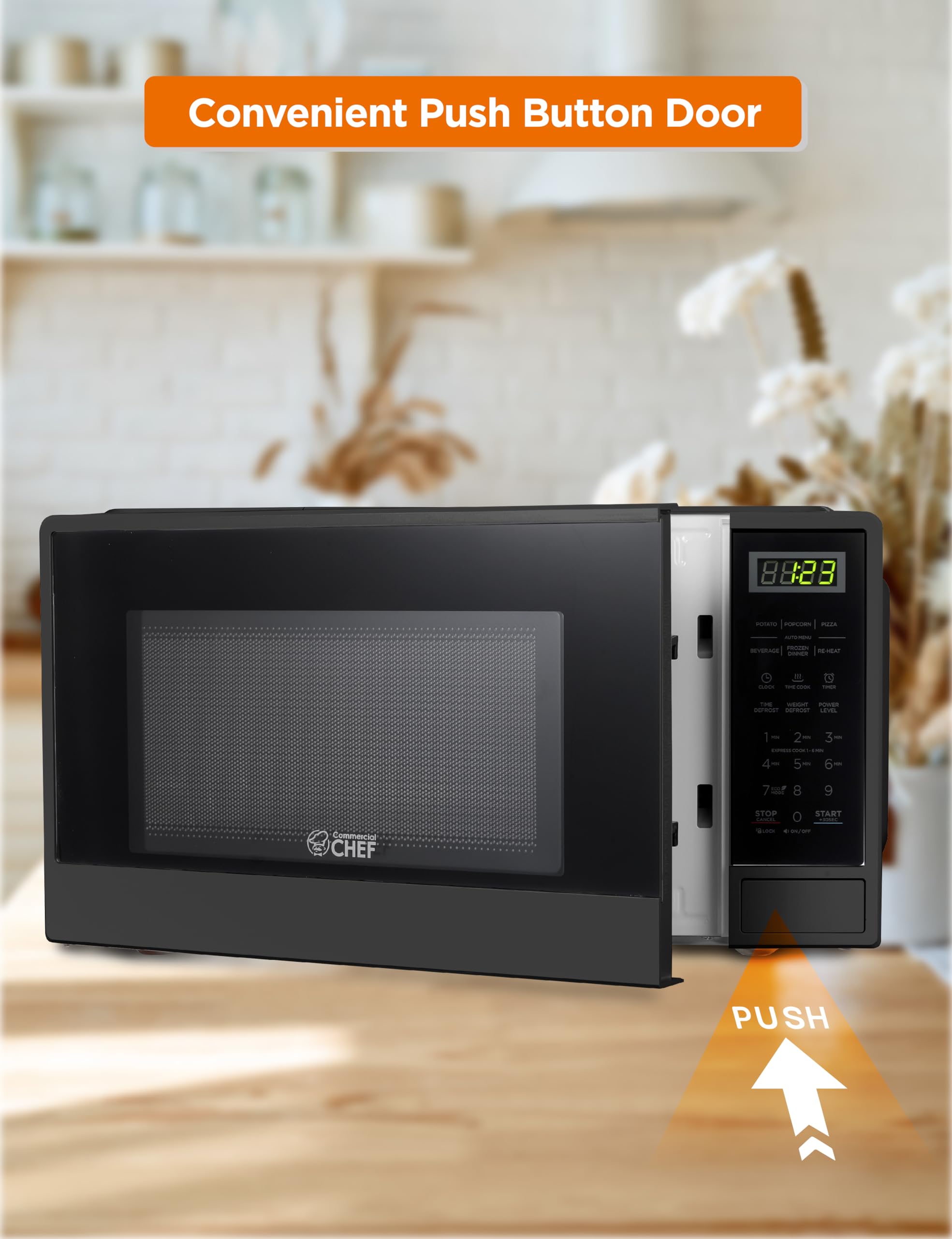 Commercial Chef 1.1 Cu Ft Compact Microwave Oven - 1000W Countertop Microwave with 10 Power Levels, Push Button Controls, Digital Display, Kitchen Timer & Safety Door Lock (Black) - Perfect for Small Kitchens, Dorms, Offices & RVs