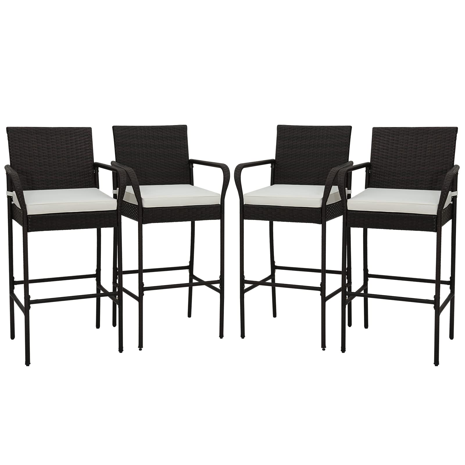 HAPPYGRILL 4-Piece Wicker Bar Stool Set with Armrests, Footrests & Cushions - High Back Outdoor Bar Chairs for Patio, Balcony, Poolside & Backyard Entertaining