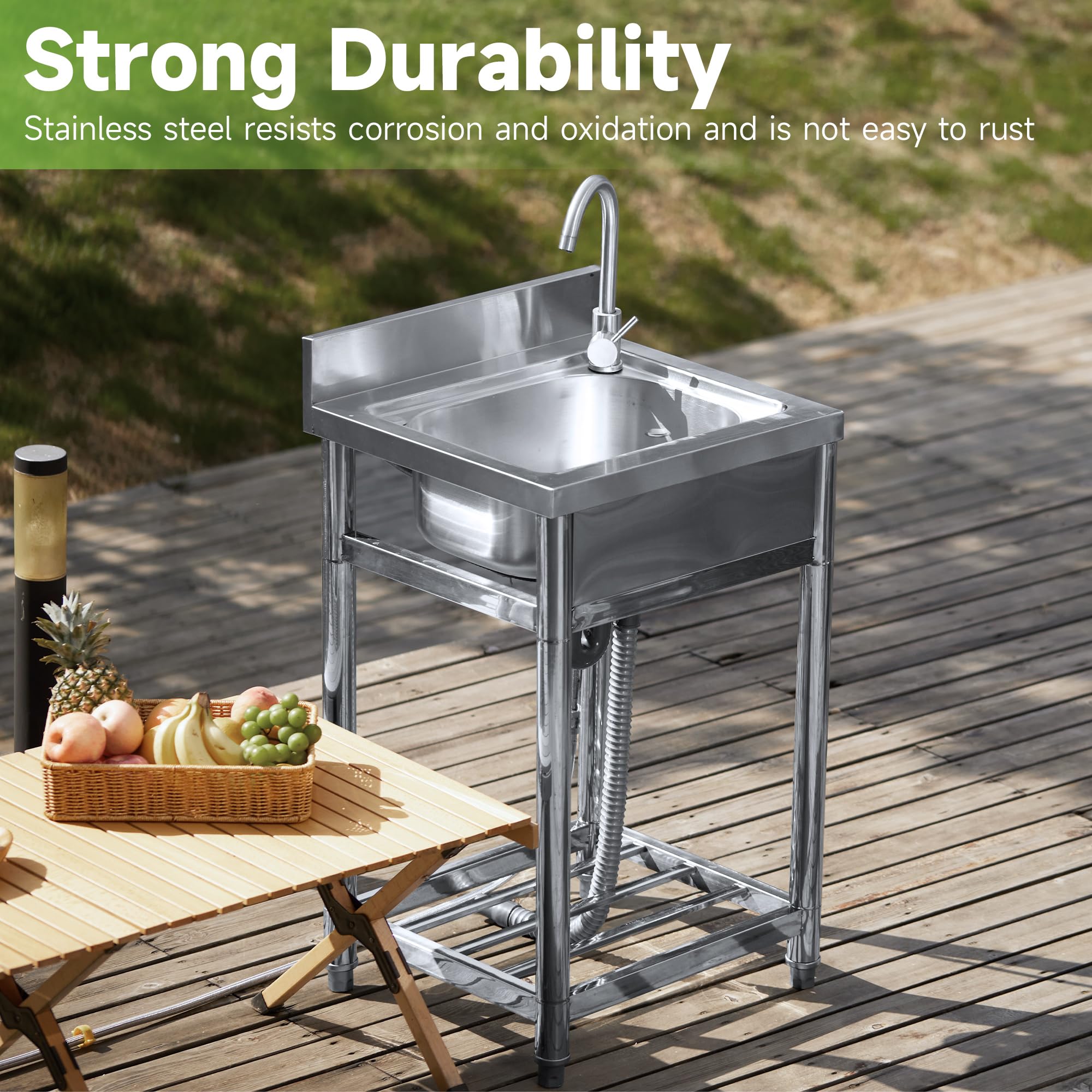 Stainless Steel Utility Sink - Free Standing Single Bowl Kitchen Sink with Hot & Cold Water Pipes | Portable Laundry Sink with Storage Shelf | Indoor & Outdoor Use (21.6 Inch) | Perfect for Basements, Garages, RV Camping & Backyard Washing