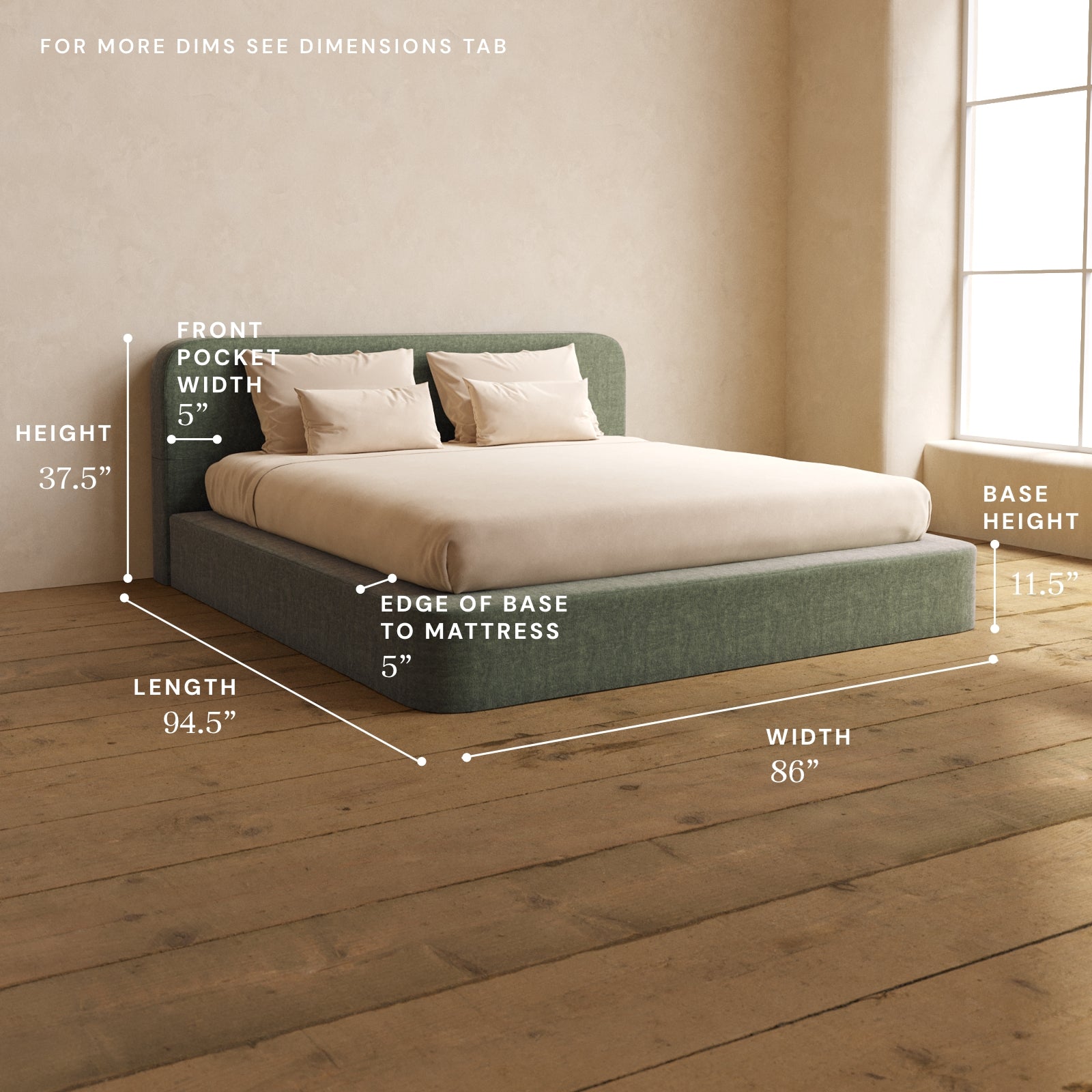 King Upholstered Platform Bed with Headboard - Heirloom Velvet in Willow | Modern Bedroom Furniture for Master Bed, Guest Room & Apartment