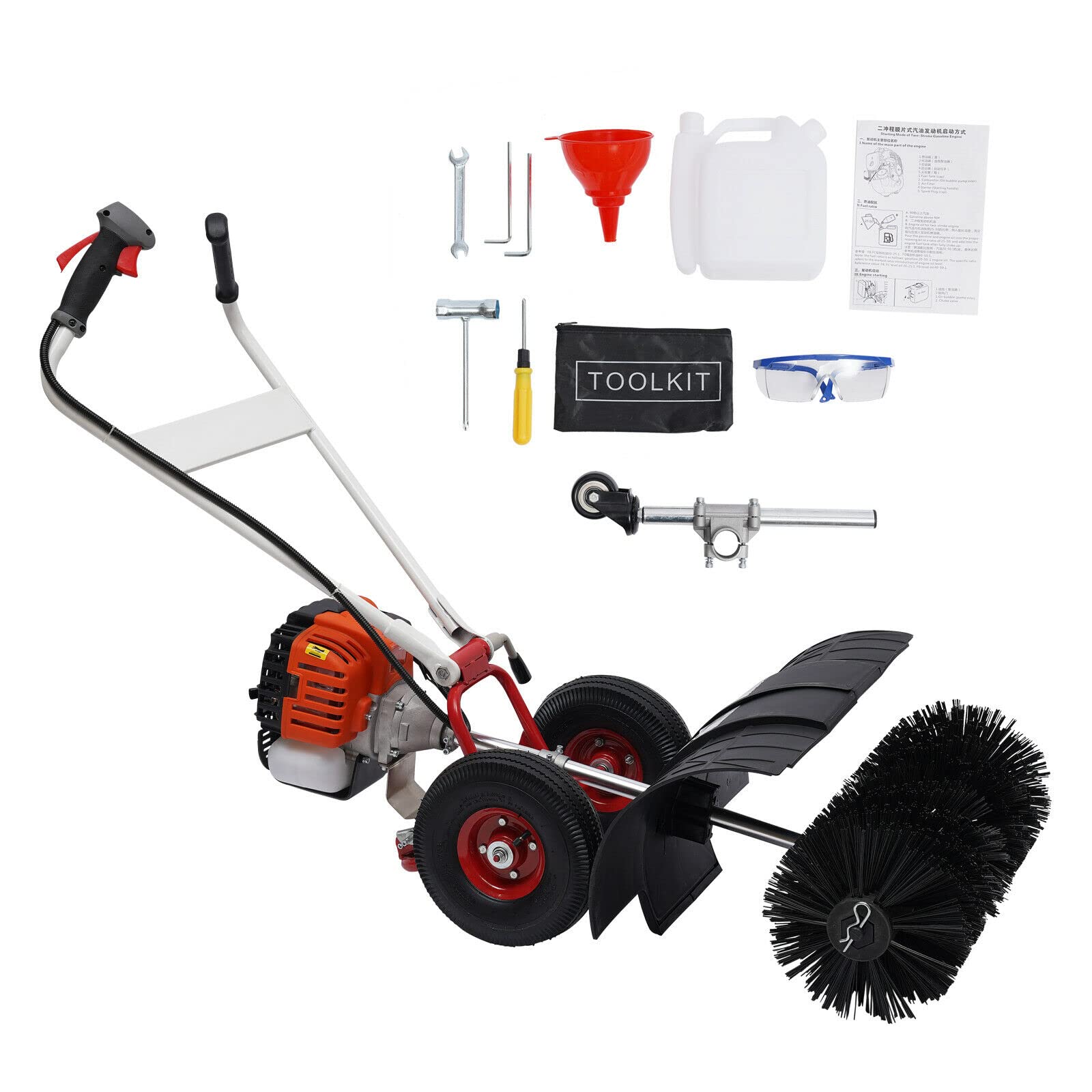 52cc 2 Stroke Gas Powered Handheld Sweeper Broom - Dual Handle Snow Blower & Lawn Cleaner for Driveway, Artificial Grass, Snow Removal - Long Reach Walk Behind Cleaner with Chainsaw Attachment for Easy Yard Maintenance
