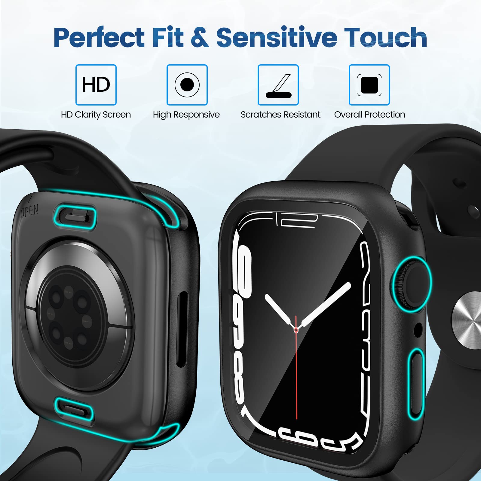 2 Pack Waterproof Case for Apple Watch Series 9/8/7 41mm - Shockproof Protective Cover with Built-in Tempered Glass Screen Protector, Front & Back Bumper for iWatch (Black) - Perfect for Swimming, Sports & Outdoor Activities