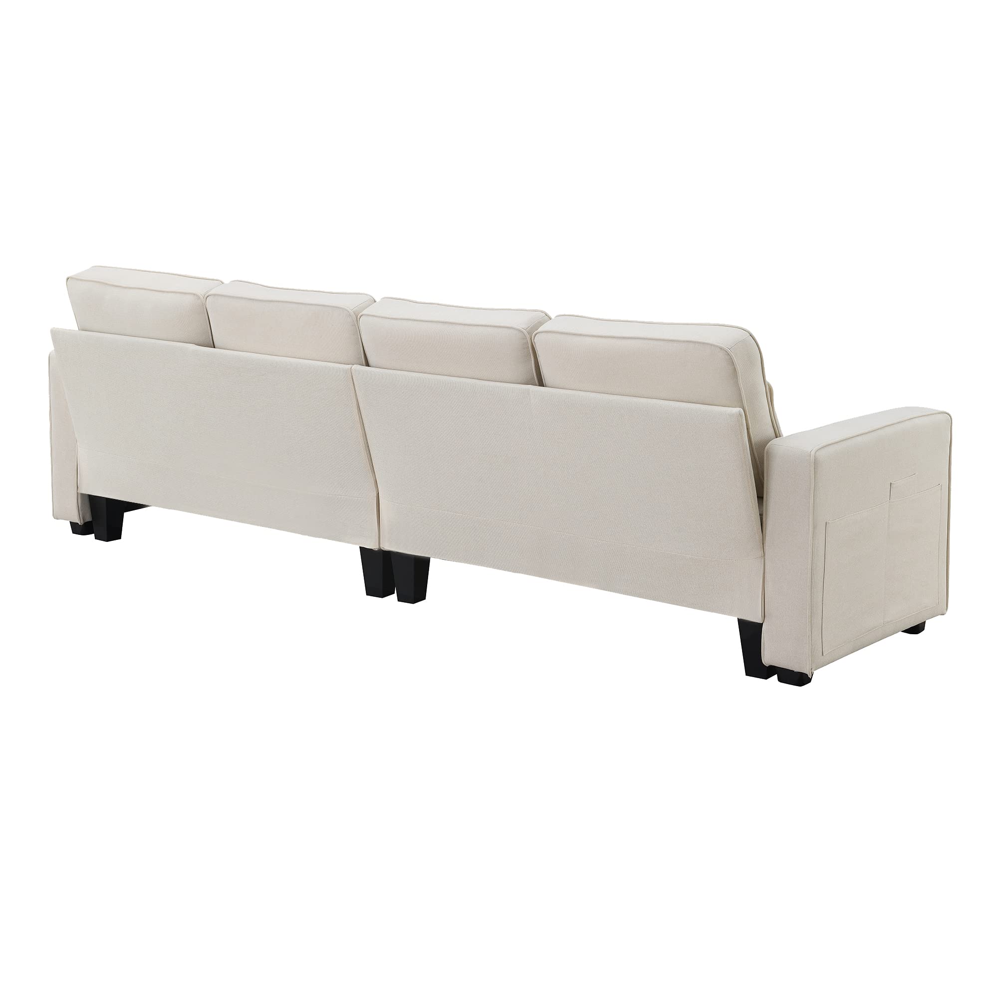 Modern 4-Seater Linen Fabric Sofa with Armrest Pockets & 4 Pillows - Minimalist Upholstered Couch for Living Room, Apartment, Office (Beige) | Perfect for Small Spaces, Family Gatherings & Cozy Home Decor