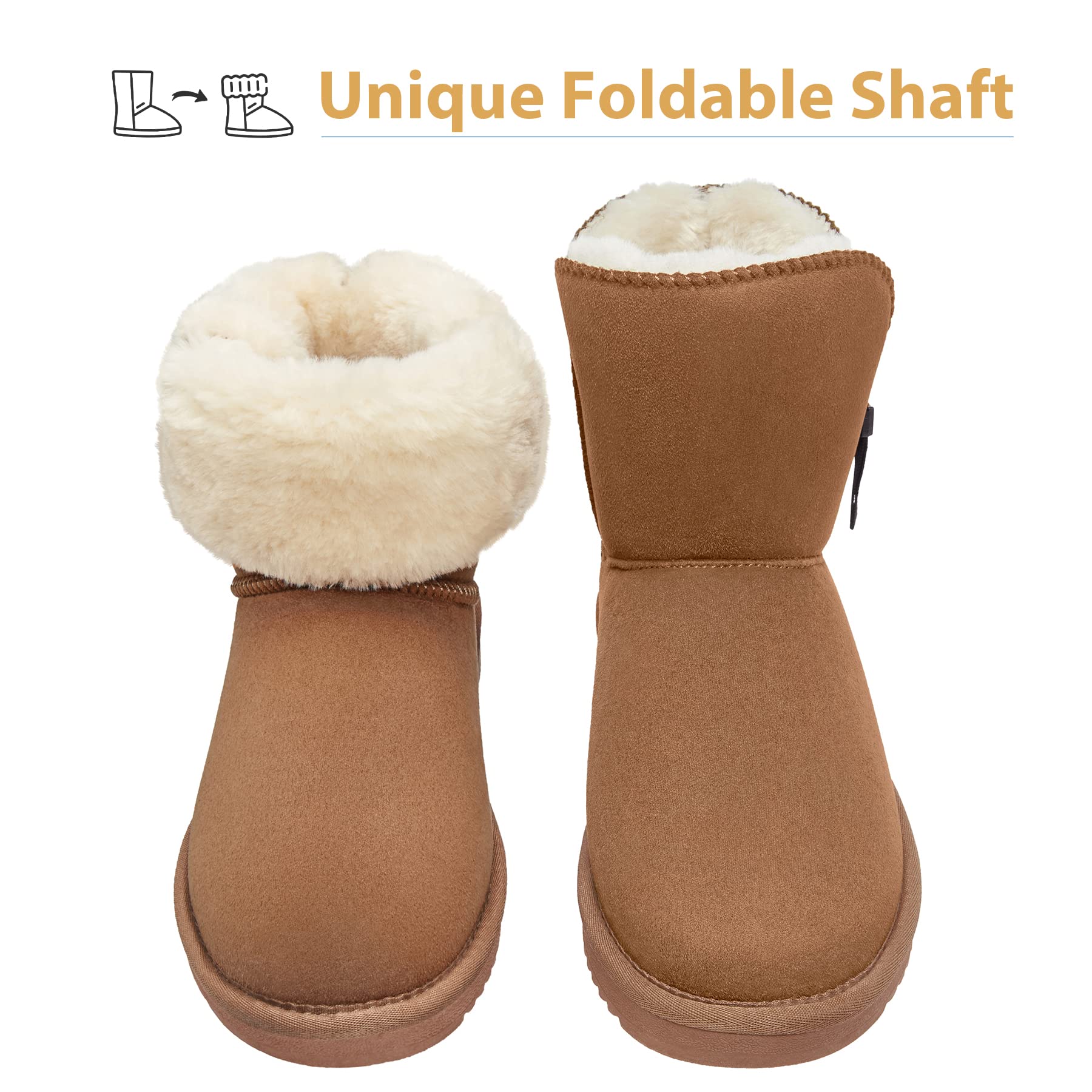 CAMEL CROWN Women's Winter Snow Boots - Waterproof Foldable Mid-Calf Boots with Fur Lining & Zipper, Warm Non-Slip House Slippers for Outdoor Activities, Hiking, and Cold Weather Commuting