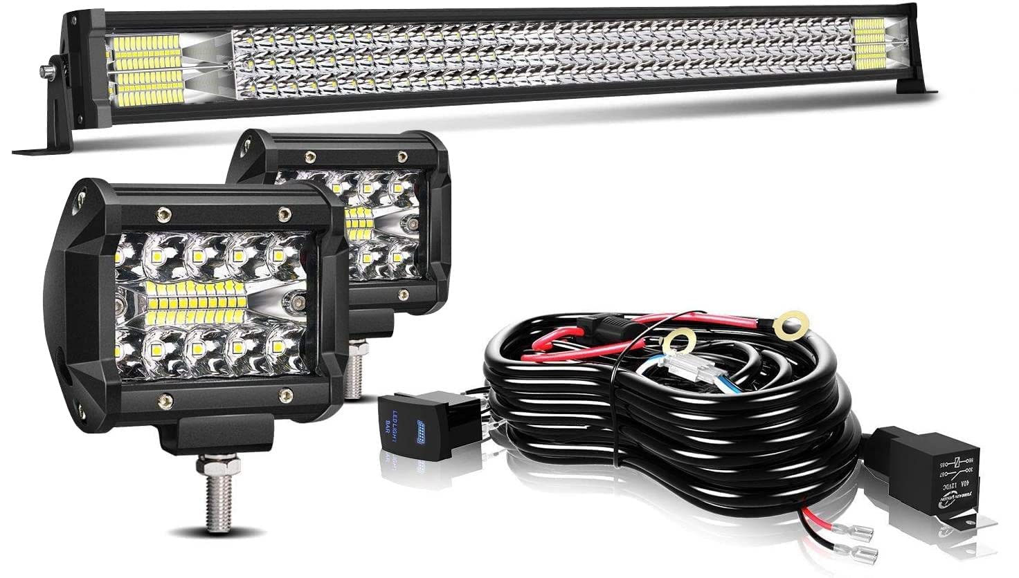 42 Inch LED Light Bar - 576W Triple Row T-Former with Flood/Spot Combo Beam | 2x 4 Inch 60W LED Pod Lights with Rocker Switch & Wiring Harness | Waterproof Off-Road Lighting for Trucks, ATV, UTV, Jeep, Boat, Pickup | Perfect for Night Driving, Camping & Off-Road Adventures