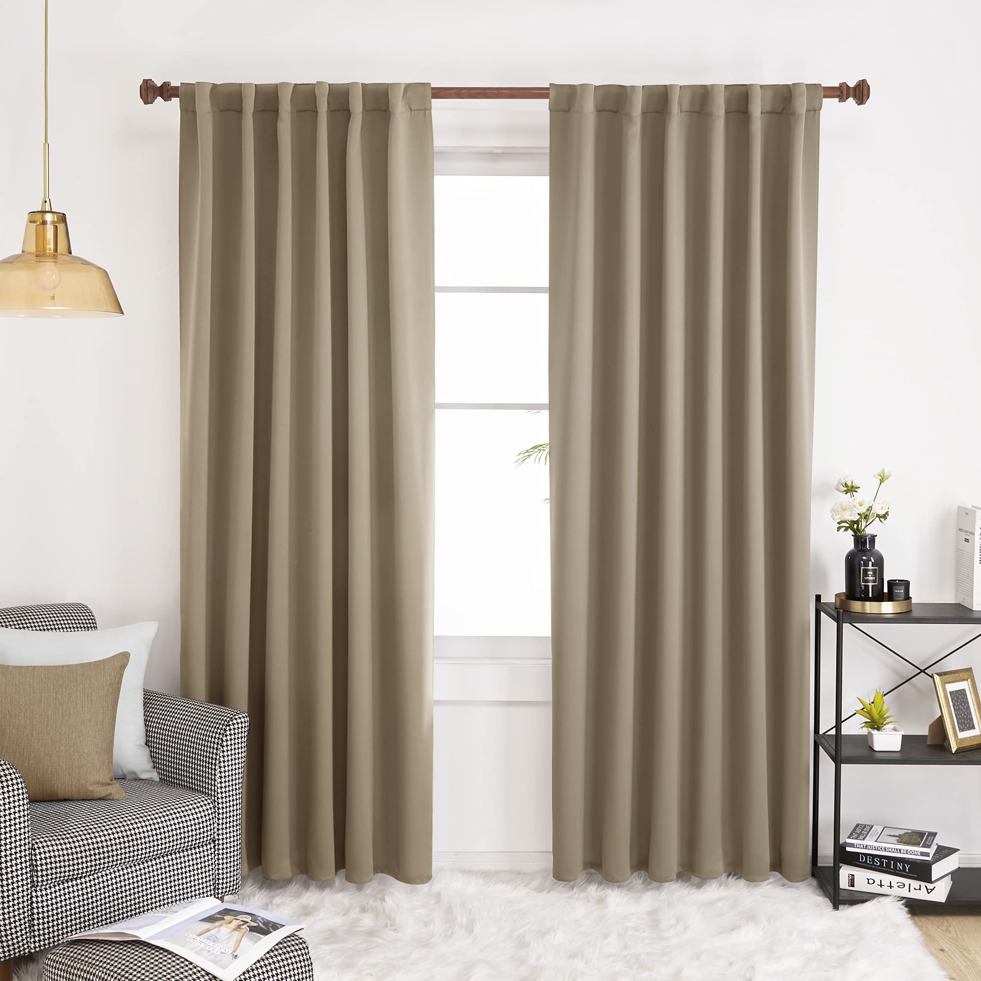 Deconovo Blackout Thermal Insulated Curtains - 52x84 Inch Khaki Room Darkening Panels (1 Pair) for Bedroom & Living Room - Solid Back Tab & Rod Pocket Design for Light Blocking & Energy Efficiency
