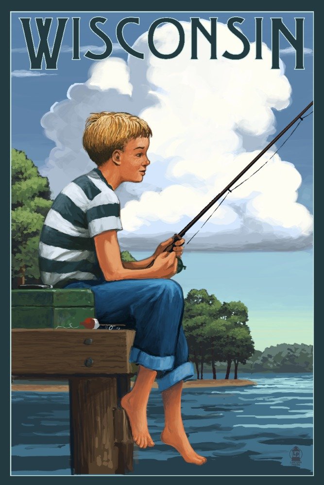 Wisconsin Boy Fishing - 12x18 Gallery Quality Metal Wall Art, Aluminum Decor for Home, Office & Cabin - Perfect for Rustic & Outdoor Themed Spaces
