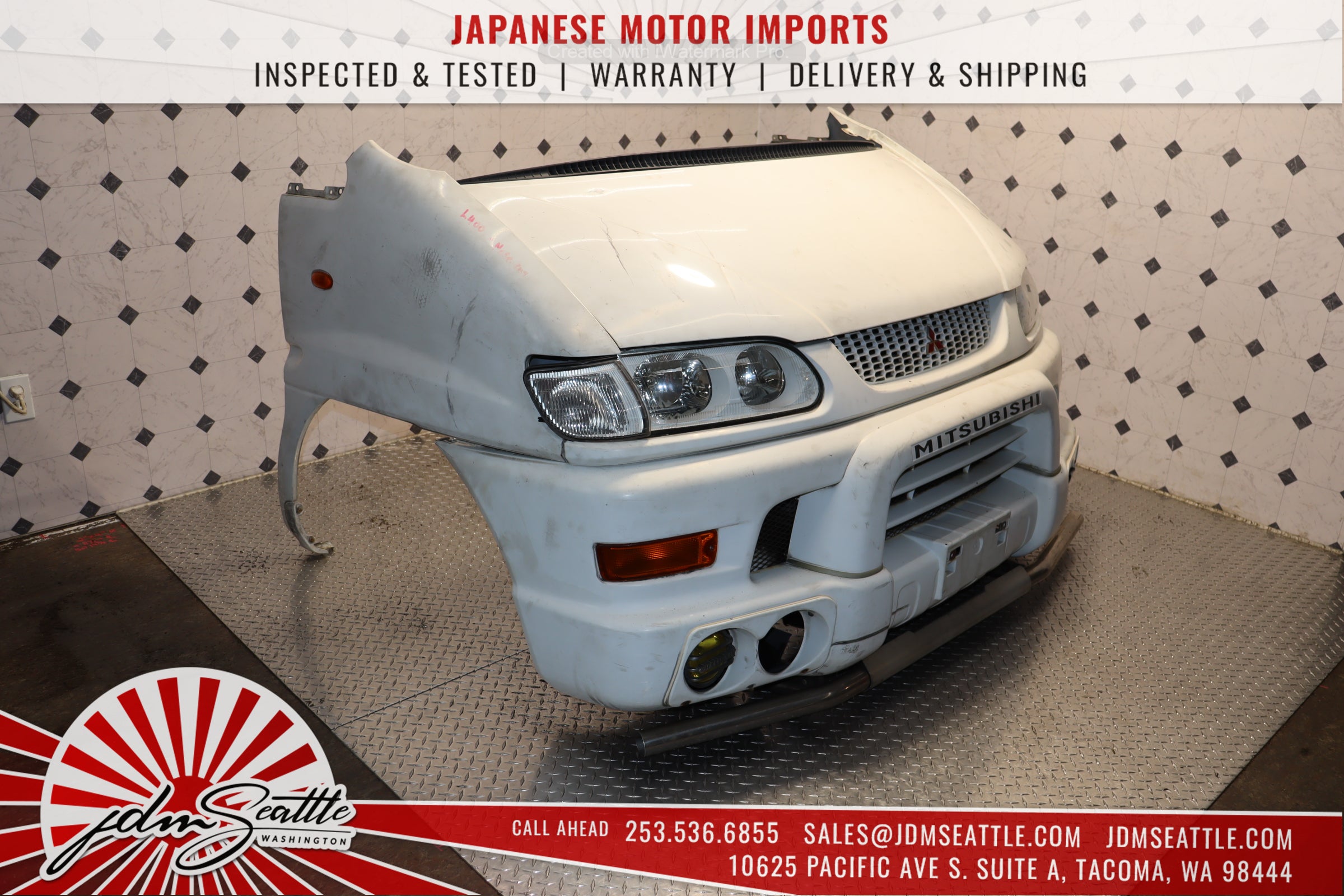 1997-2007 Mitsubishi Delica Front End Kit - Complete Nose Cut with Hood, Bumper & Headlights (White) | JDM Parts Replacement for Off-Road Adventures & Restoration Projects