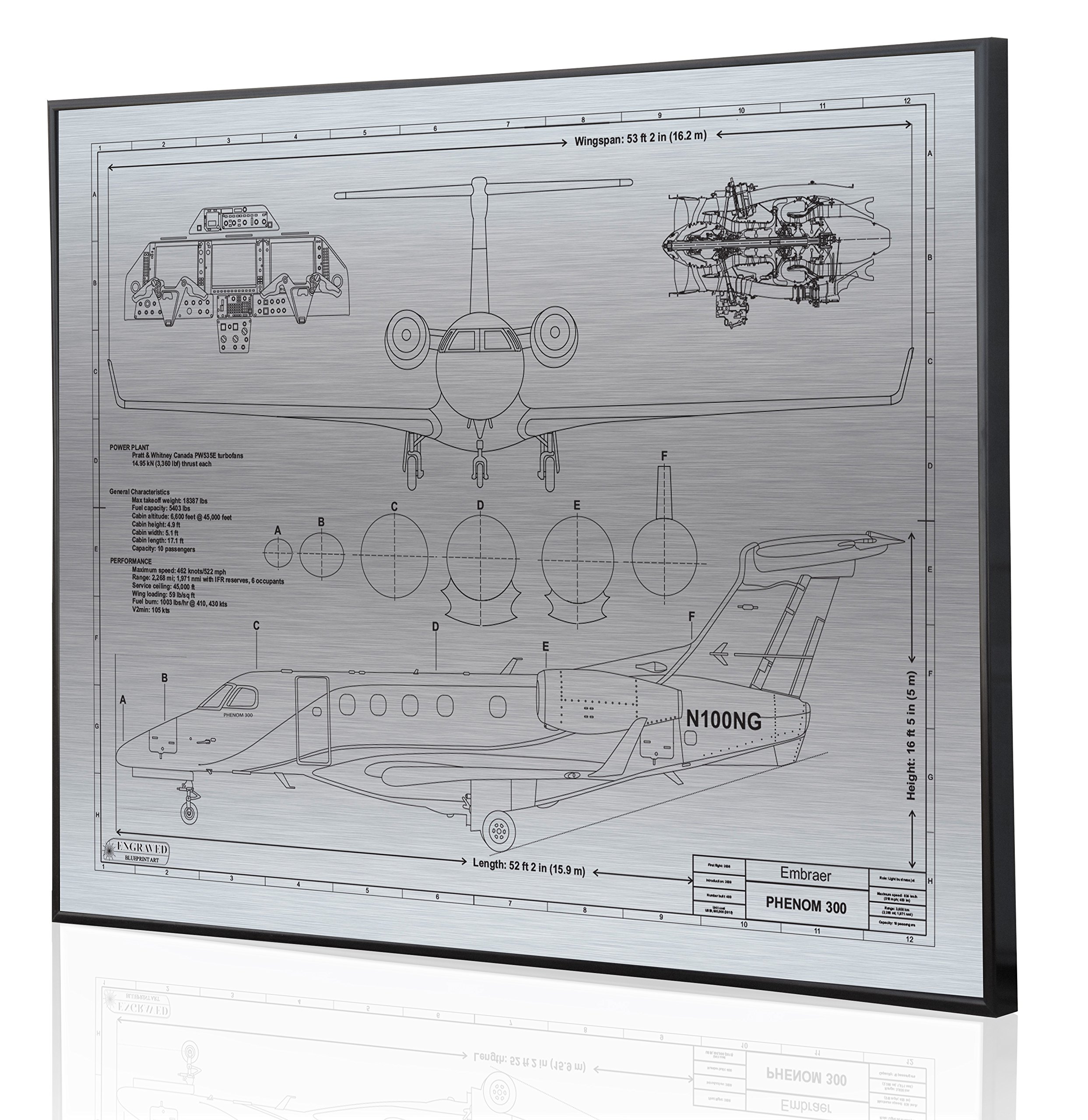 Embraer Phenom 300 Blueprint Wall Art - Laser Engraved Personalized Aviation Gift for Pilots - Perfect for Home Office Decor & Pilot Appreciation Gifts
