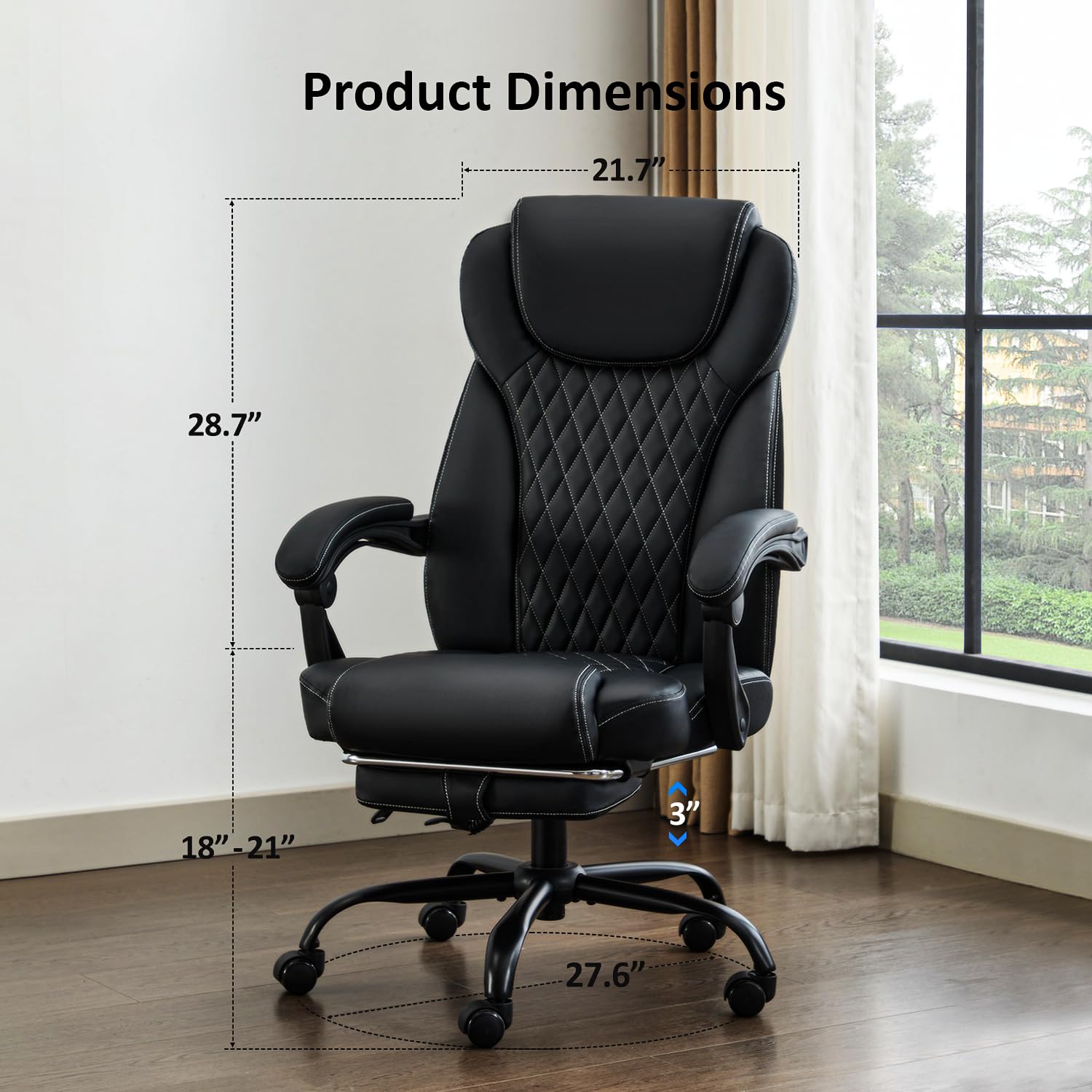 Ergonomic Big and Tall Office Chair with Footrest & Lumbar Support - High Back Reclining Leather Desk Chair for Home Office (Black) - Perfect for Long Work Hours & Gaming Sessions