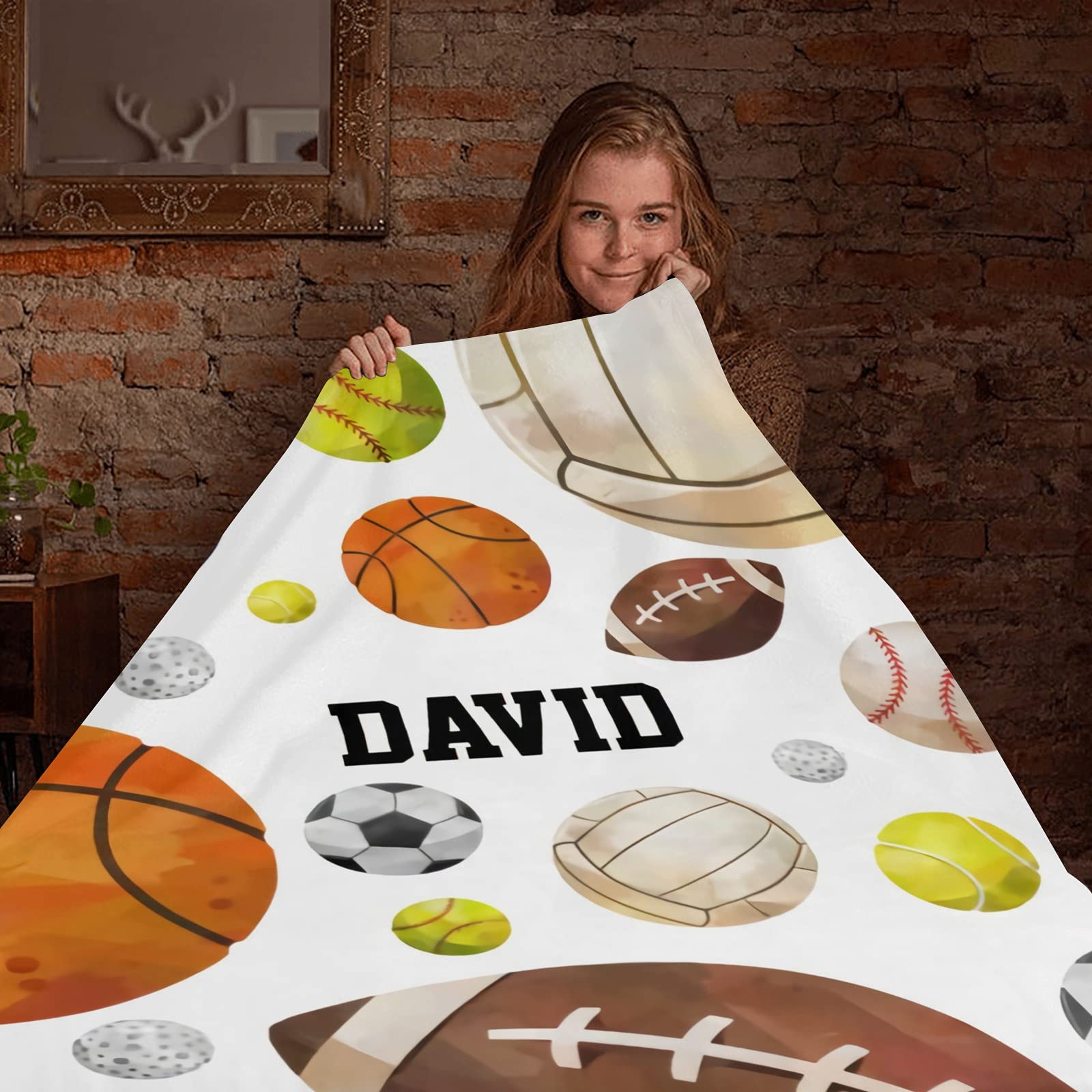 Custom Personalized Baby Blanket with Name - Basketball Baseball Rugby Soccer Design - Super Soft Newborn Blanket for Boys & Girls - Neutral Nursery Decor Gift - Perfect for Christening, Birthday & Baby Shower Presents