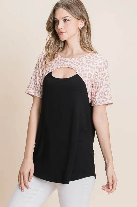 BOMBOM Chic Leopard Print Contrast Cutout Women's Tops - Sexy Party Blouse for Night Out, Clubwear & Date Night Outfits