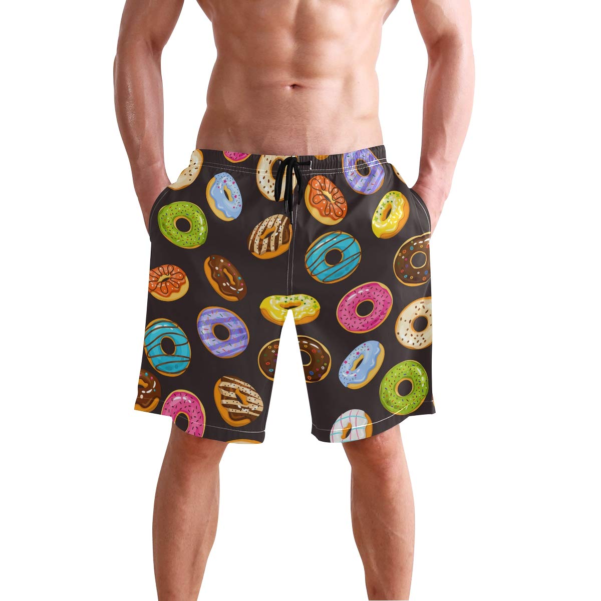**Men's Swim Trunks - Donut Chocolate Print Quick-Dry Beach Board Shorts for Swimming, Surfing & Summer Vacation**