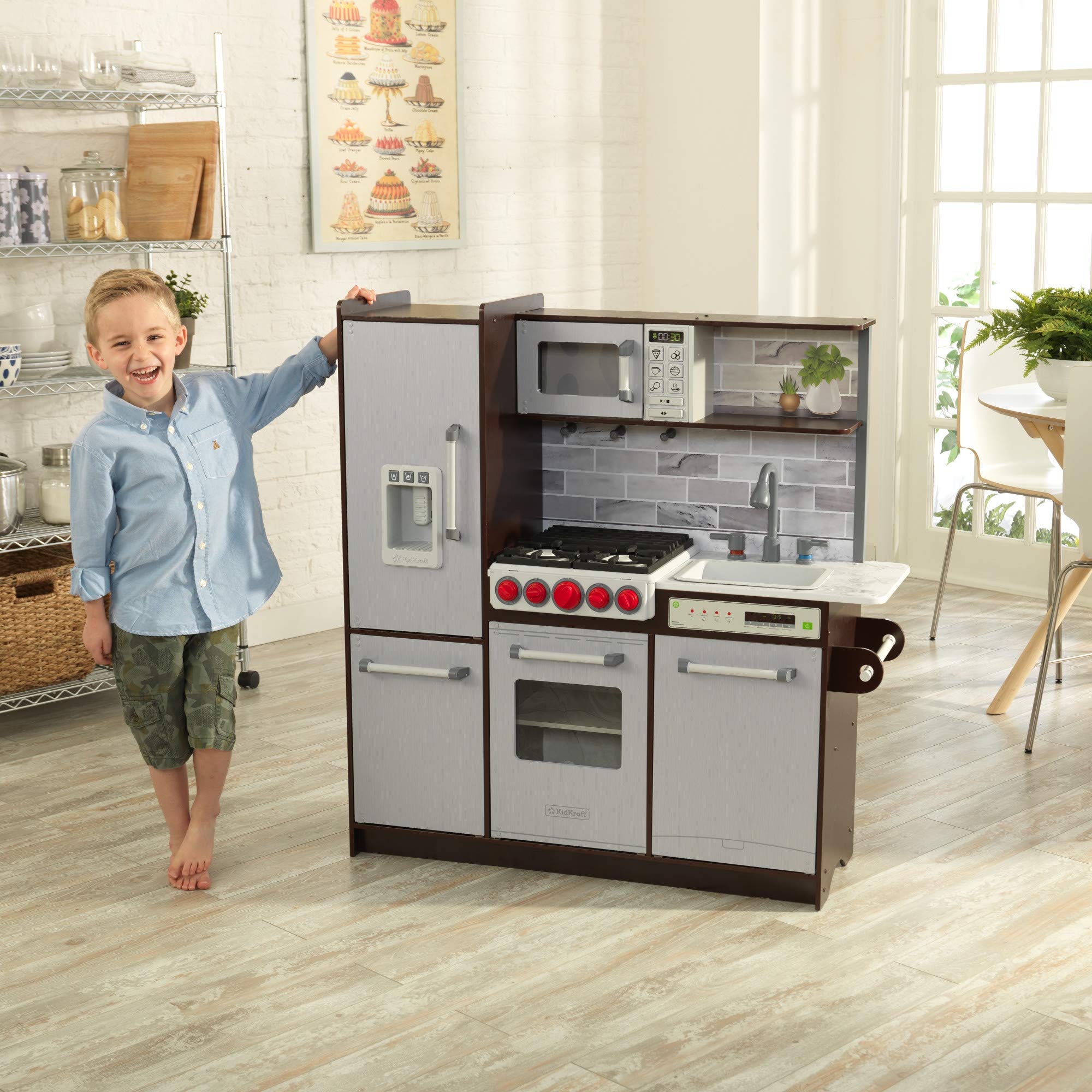 KidKraft Uptown Elite Espresso Play Kitchen - Wooden Pretend Play Set with Lights, Sounds & Working Ice Maker | EZ Kraft Assembly™ | Click & Turn Knobs | Educational Toy Gift for Kids Ages 3+ | Perfect for Imaginative Play, Role-Playing & Early Childhood Development