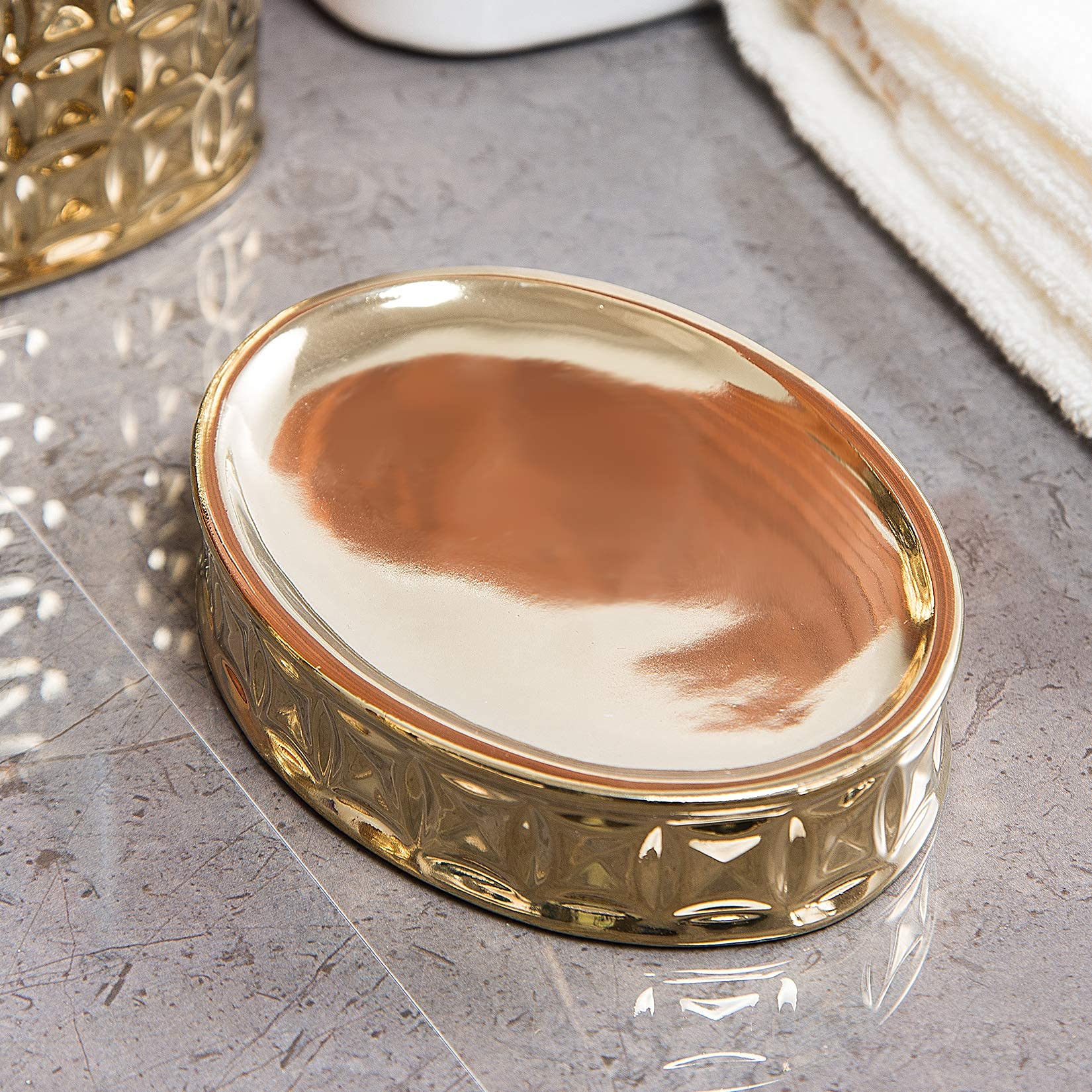 Luxury Gold Ceramic Bathroom Accessory Set - 4-Piece Includes Soap Dish, Toothbrush Holder, Lotion Dispenser & Tumbler | Elegant Bathroom Decor for Modern Homes, Hotels & Spas