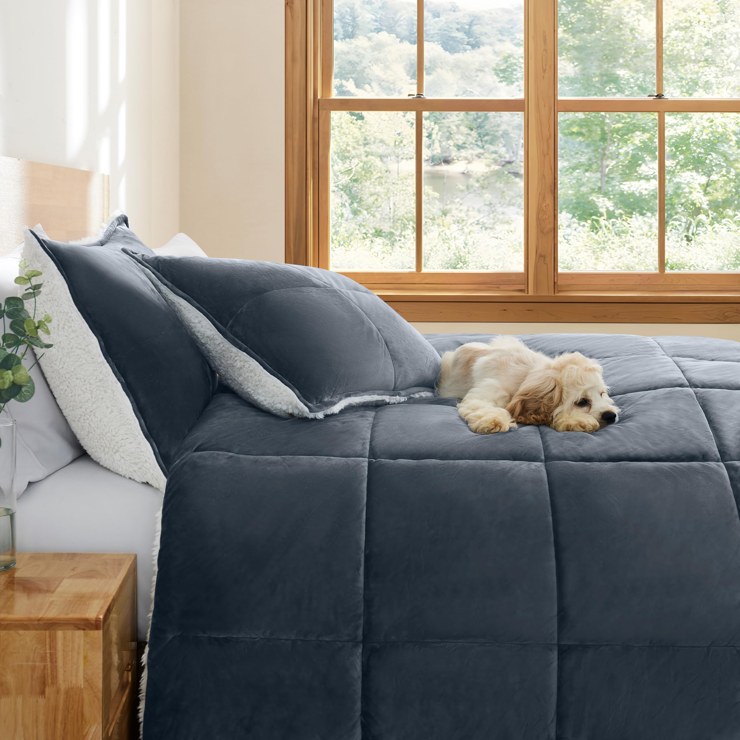 UGG Blissful Reversible Full/Queen Comforter Set - Plush Fluffy Down Alternative Bedding with 2 Pillow Shams | Hypoallergenic, Breathable & Warm | White & Blue Imperial | Perfect for Cozy Winter Nights & Bedroom Decor