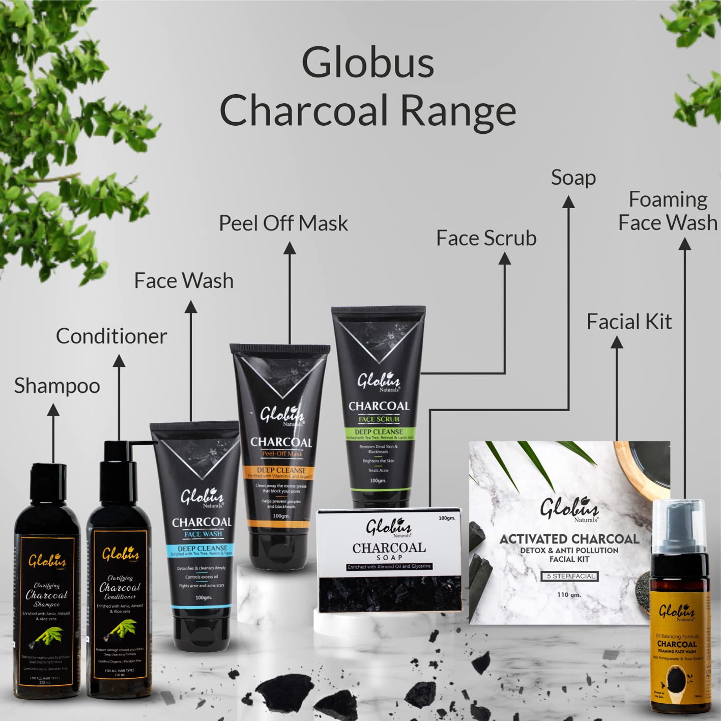 Globus Naturals Charcoal Anti-Pollution Acne Control Foaming Face Wash with Rose, Manjistha, Banana, Pomegranate, Aloe Vera, Neem & Tulsi - 150ml | Deep Cleansing for Oily & Acne-Prone Skin | Daily Skincare Routine for Clear Complexion