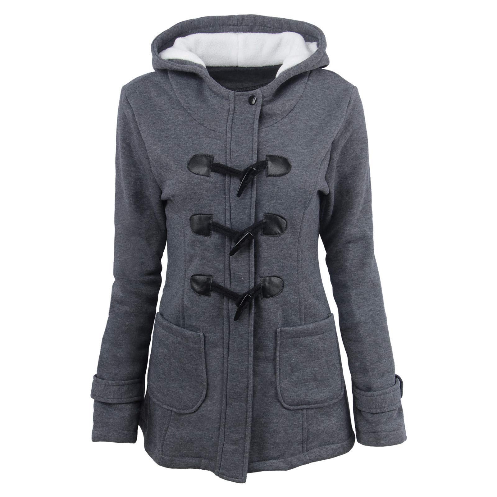 Women's Fleece Jacket with Hood - Solid Color Cardigan Coat with Horn Buttons - Warm Padded Overcoat for Winter Outdoor Activities, Hiking & Casual Wear