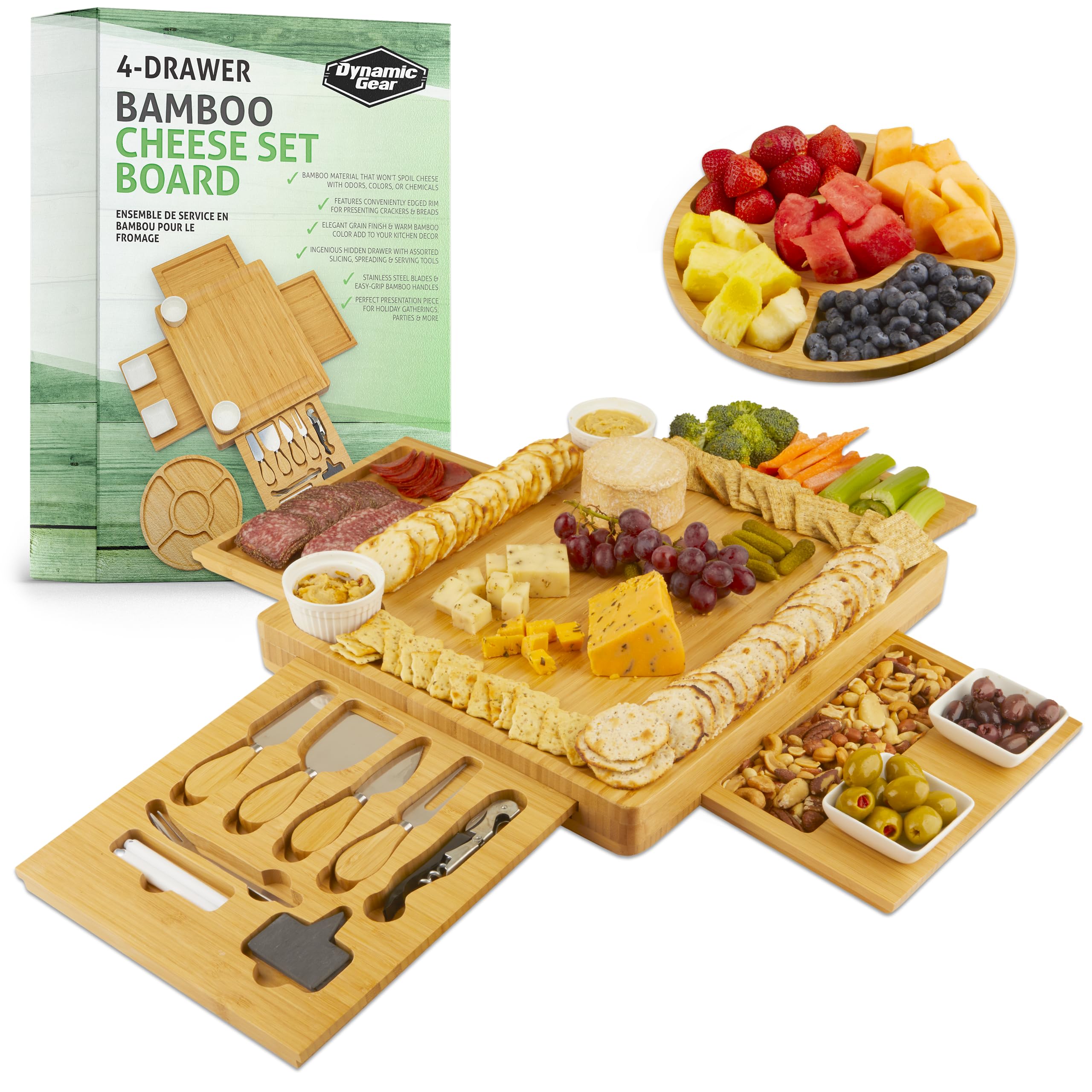 Expandable Bamboo Charcuterie Board Set with 4 Hidden Drawers - Cheese & Appetizer Serving Tray with Stainless Steel Utensils, Ceramic Bowls & Utensil Storage - Perfect for Entertaining, Dinner Parties & Charcuterie Displays