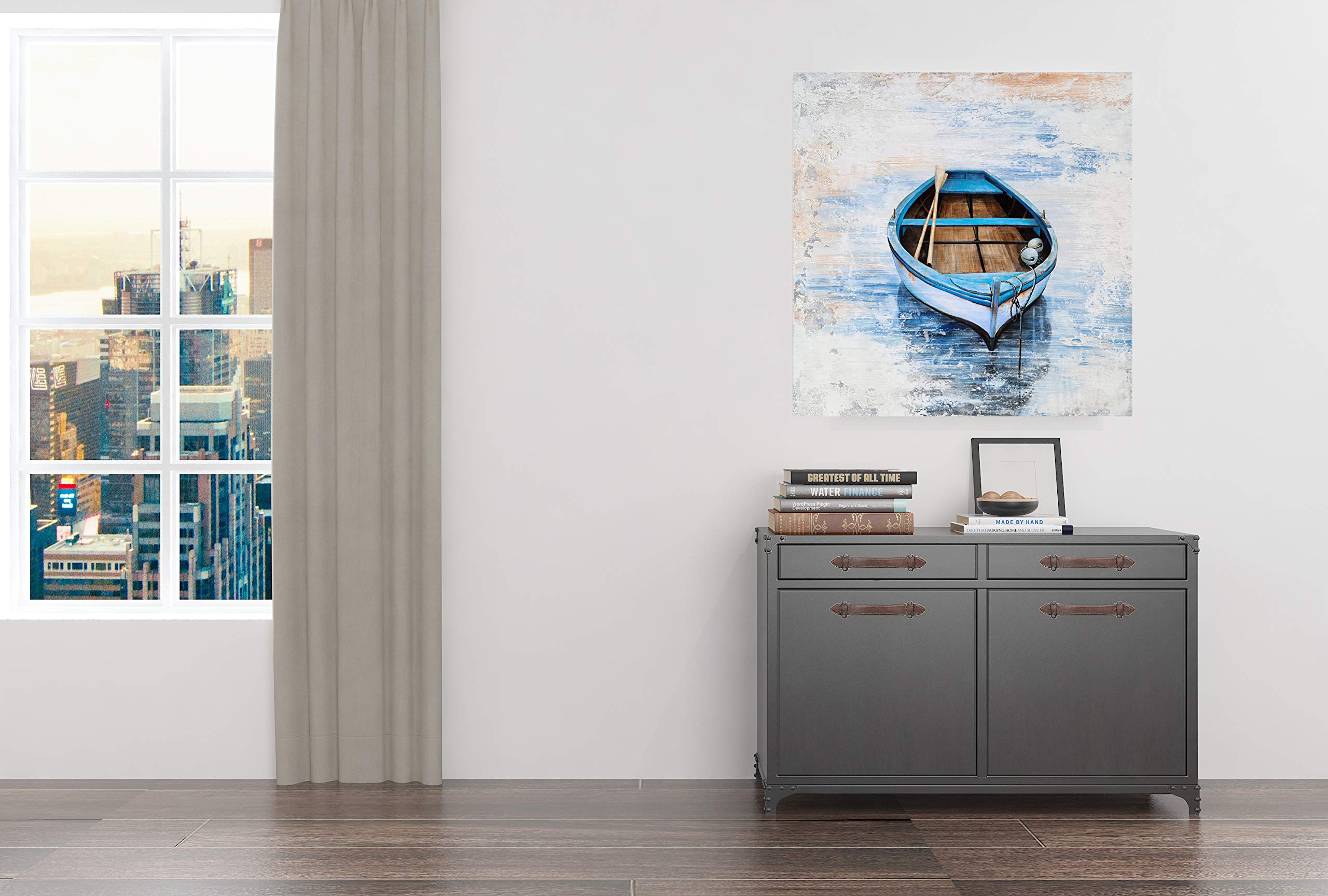 Hand Painted Coastal Sailing Boat Canvas Wall Art - Modern Abstract Nautical Painting in Light Blue - Square Wall Decor for Living Room, Bedroom & Bathroom - Perfect for Beach House, Office or Seaside Themed Spaces